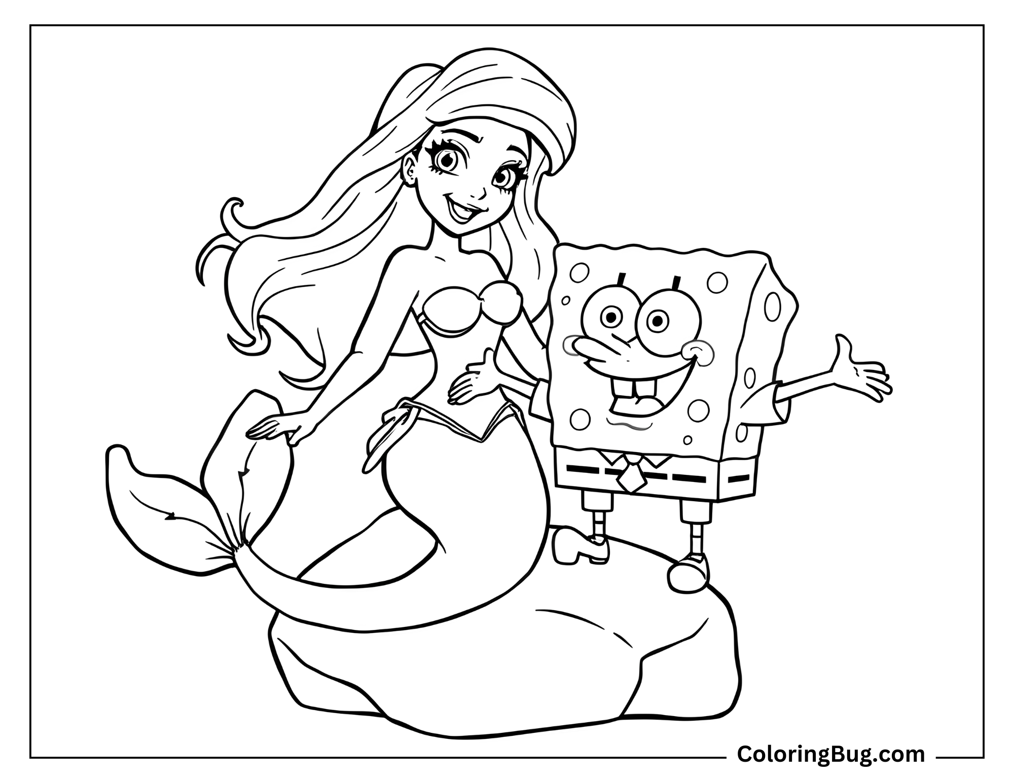 Coloring page that features a mermaid sitting on a rock next to SpongeBob SquarePants, both with cheerful expressions.