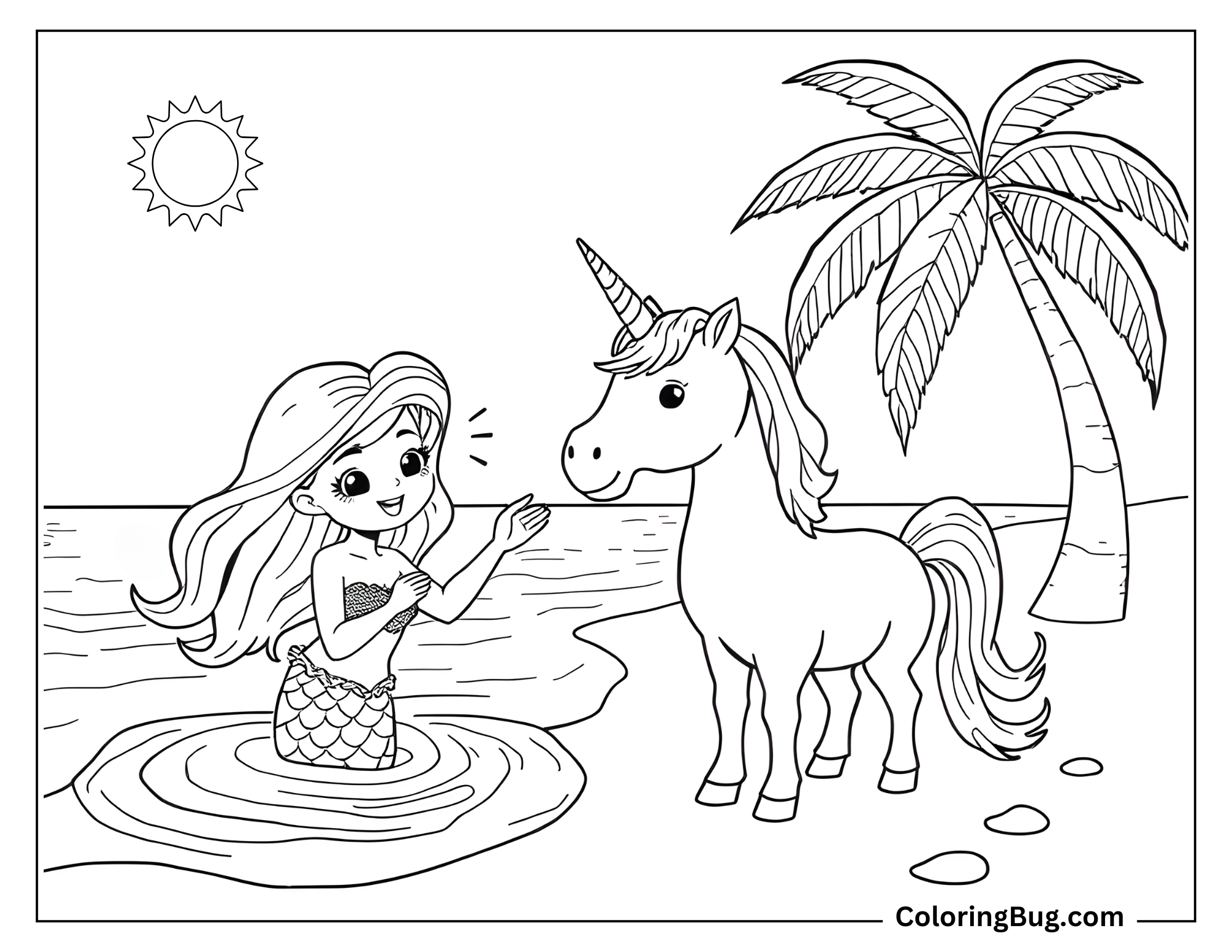 Coloring page that features a friendly mermaid in shallow water meeting a cute unicorn on a beach. The scene includes a palm tree, the sun, and gentle waves, creating a magical moment by the shore.