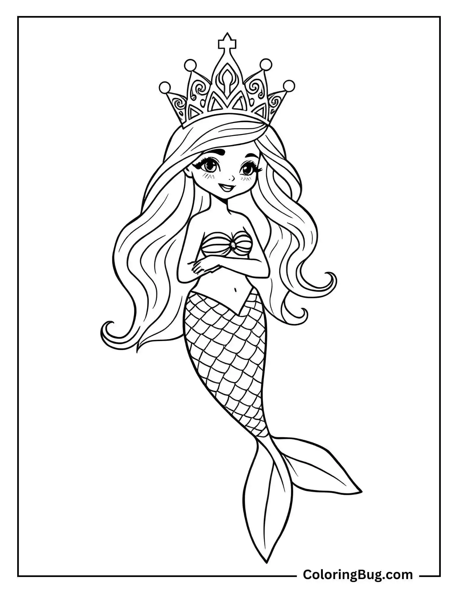 Coloring page that features a mermaid princess with long flowing hair, wearing a regal crown and a charming smile.