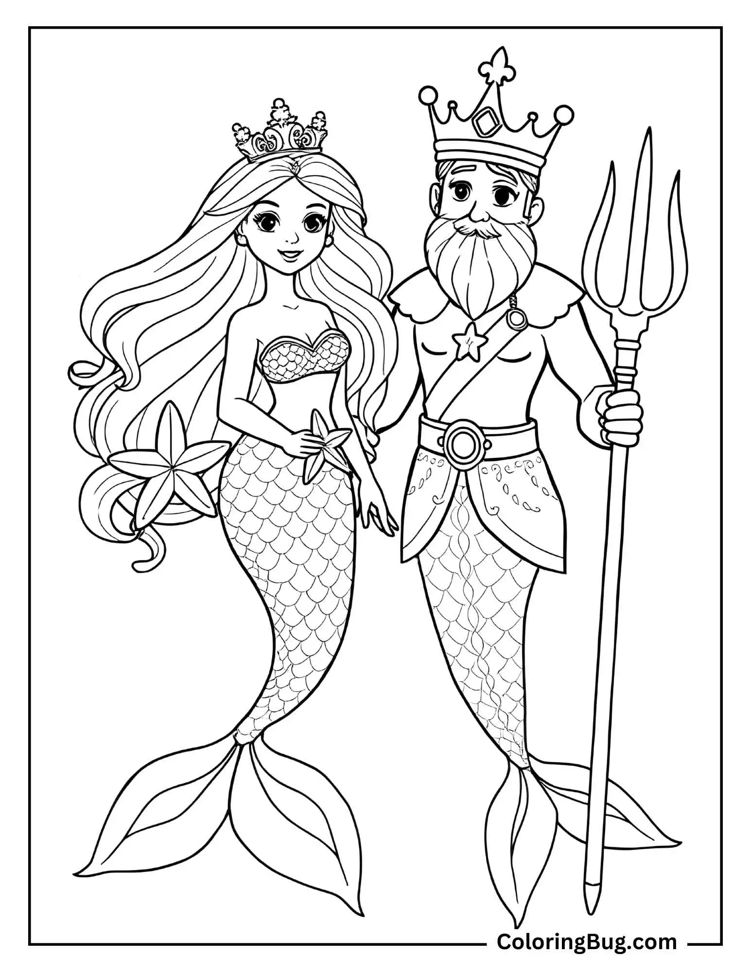 Coloring page that features a mermaid princess and a merman king standing side by side. The princess has flowing hair adorned with a crown, while the king has a beard, a crown, and holds a trident. Both have elegant tails, and their royal attire reflects their status in the underwater kingdom.