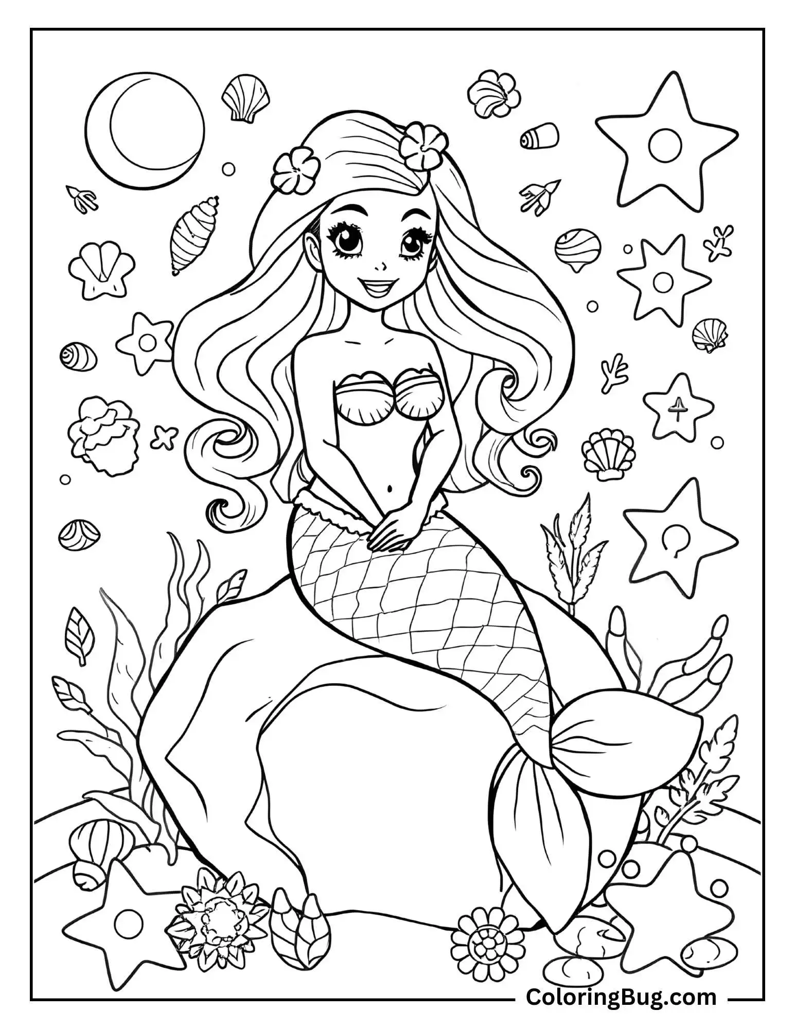 Coloring page that features a smiling mermaid sitting on a rock, surrounded by sea-themed elements like starfish, seashells, and coral. She has flowers in her hair and a gentle, inviting expression.