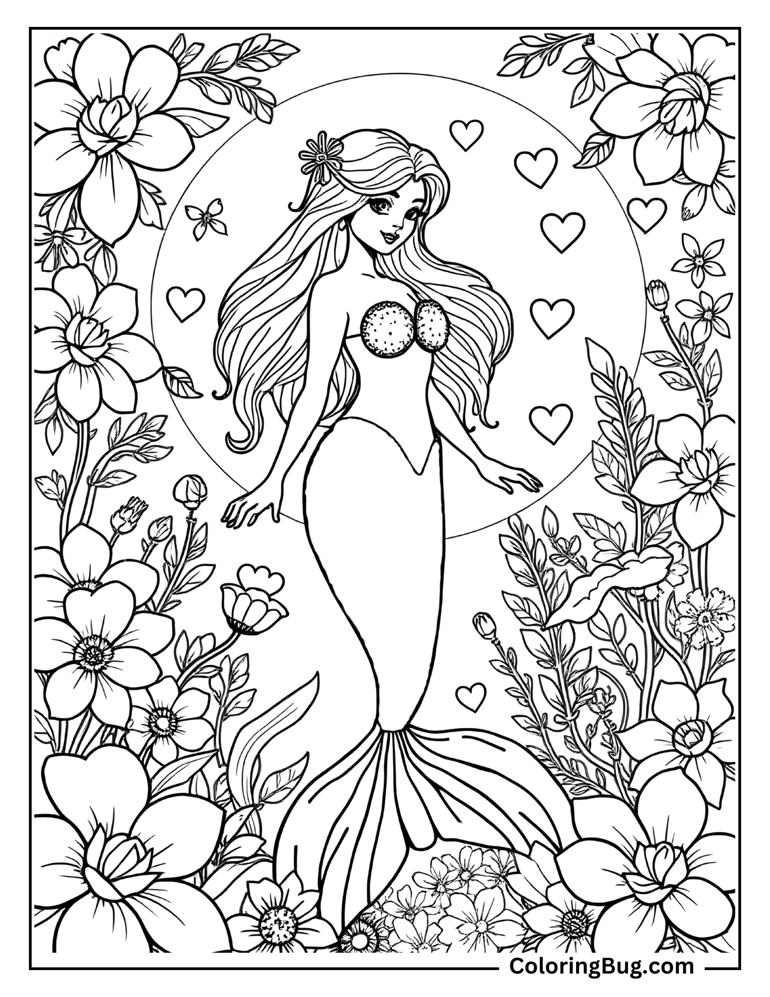 Coloring page of a beautiful mermaid encircled by large, detailed flowers and hearts.