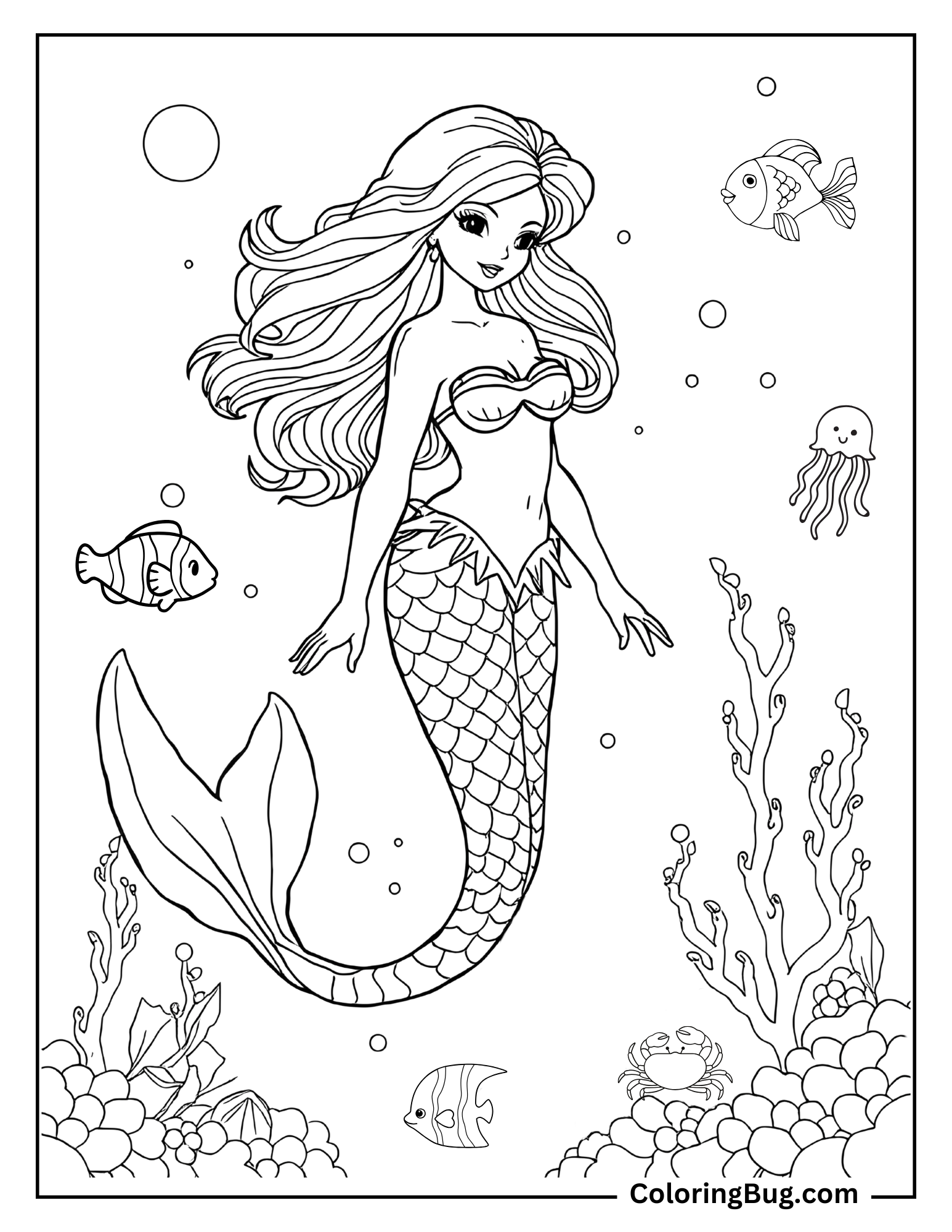 Coloring page featuring a graceful mermaid swimming amidst coral reefs, surrounded by playful fish and a cute jellyfish.