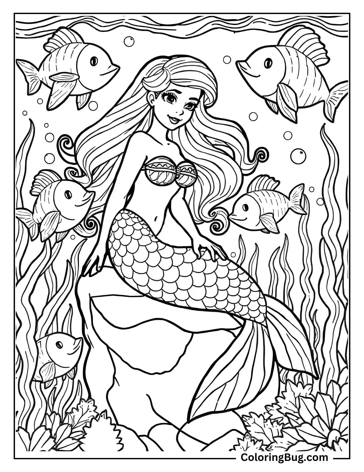 A coloring page featuring a mermaid with long, flowing hair and a seashell top, surrounded by fish. Seaweed and bubbles complete the underwater scene.