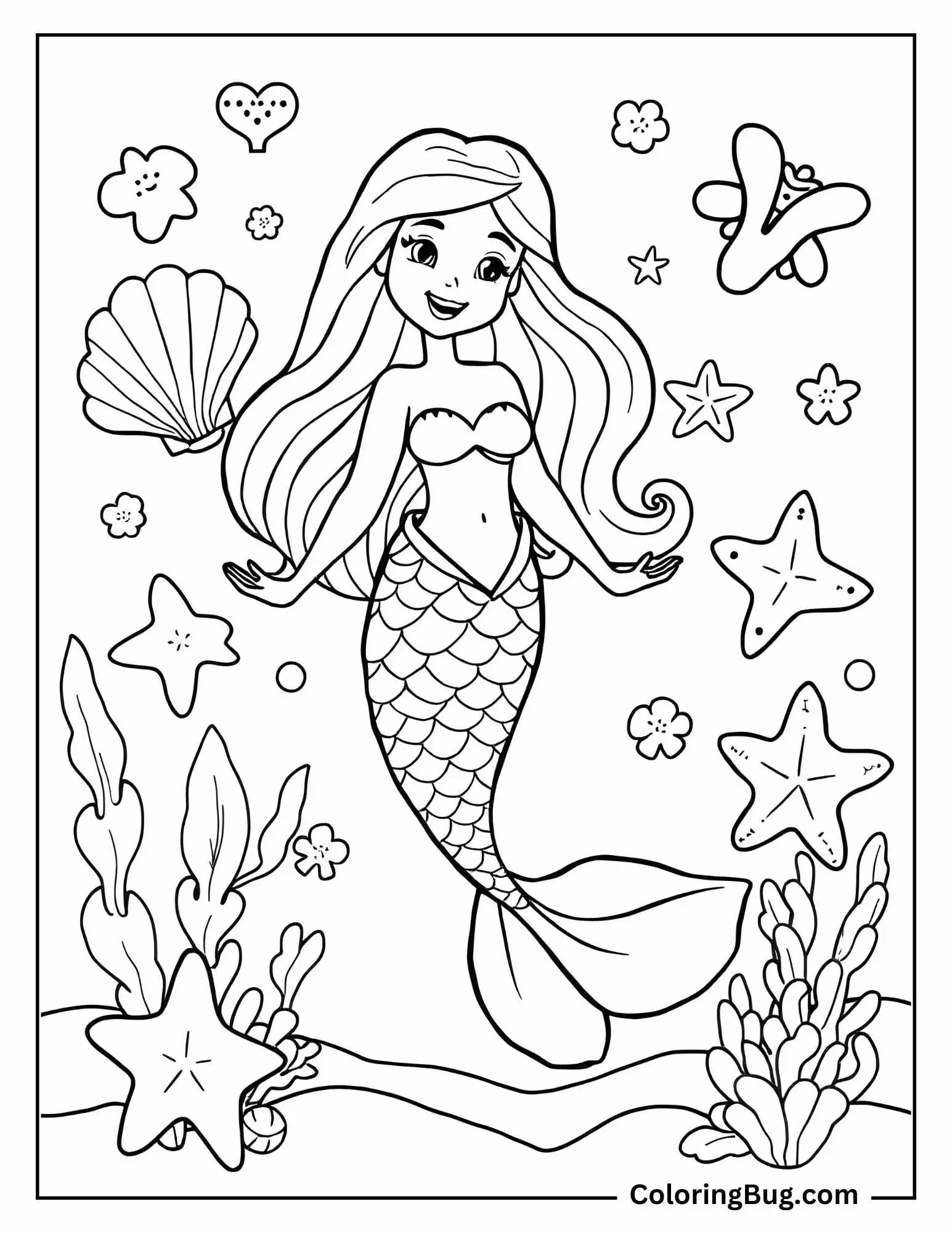 Coloring page that features a cheerful mermaid swimming underwater, surrounded by starfish, seashells, sea plants, and bubbles.