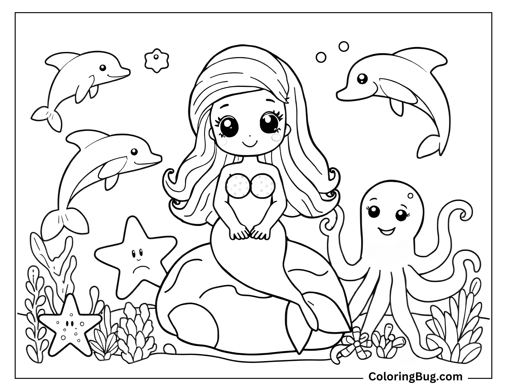 Mermaid coloring page of a mermaid sitting on a rock on the sea floor with an octopus and dolphins around her.
