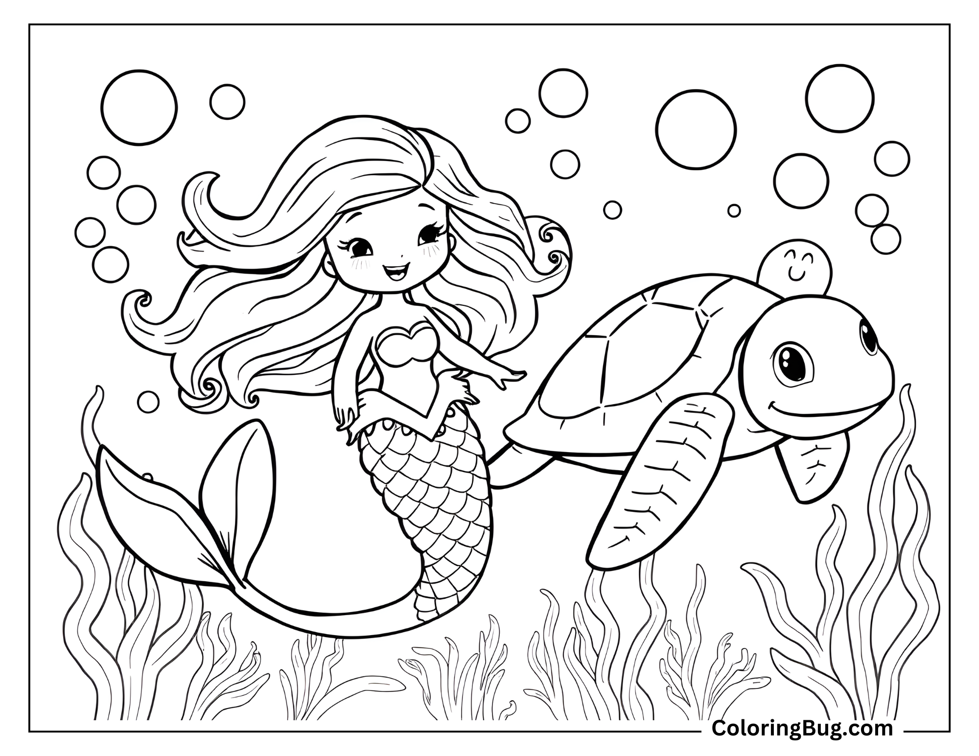 This coloring page shows an adorable mermaid with flowing hair, happily swimming alongside a large, friendly sea turtle. Bubbles float around them, and sea plants decorate the underwater scene.