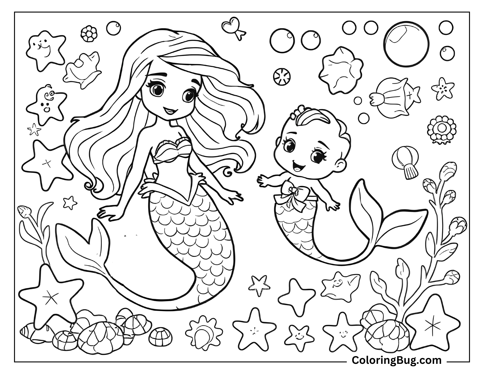 Coloring page that features a loving mother mermaid with her cute baby merman son in an underwater scene. They are surrounded by smiling starfish, seashells, bubbles, and various sea plants.