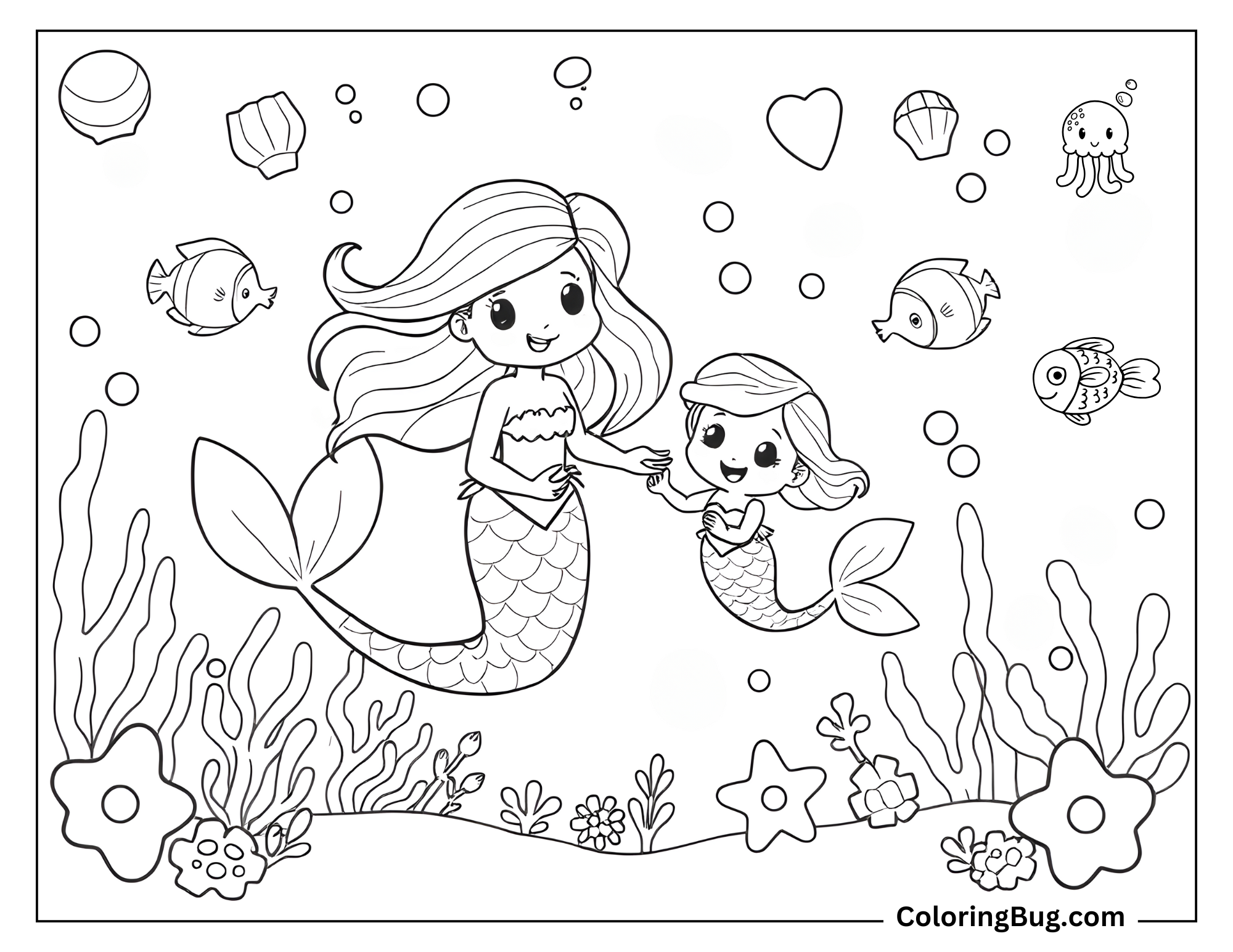 Coloring page that features a mother mermaid swimming with her adorable baby mermaid daughter in an underwater scene. They are surrounded by friendly fish, seashells, sea plants, and bubbles.