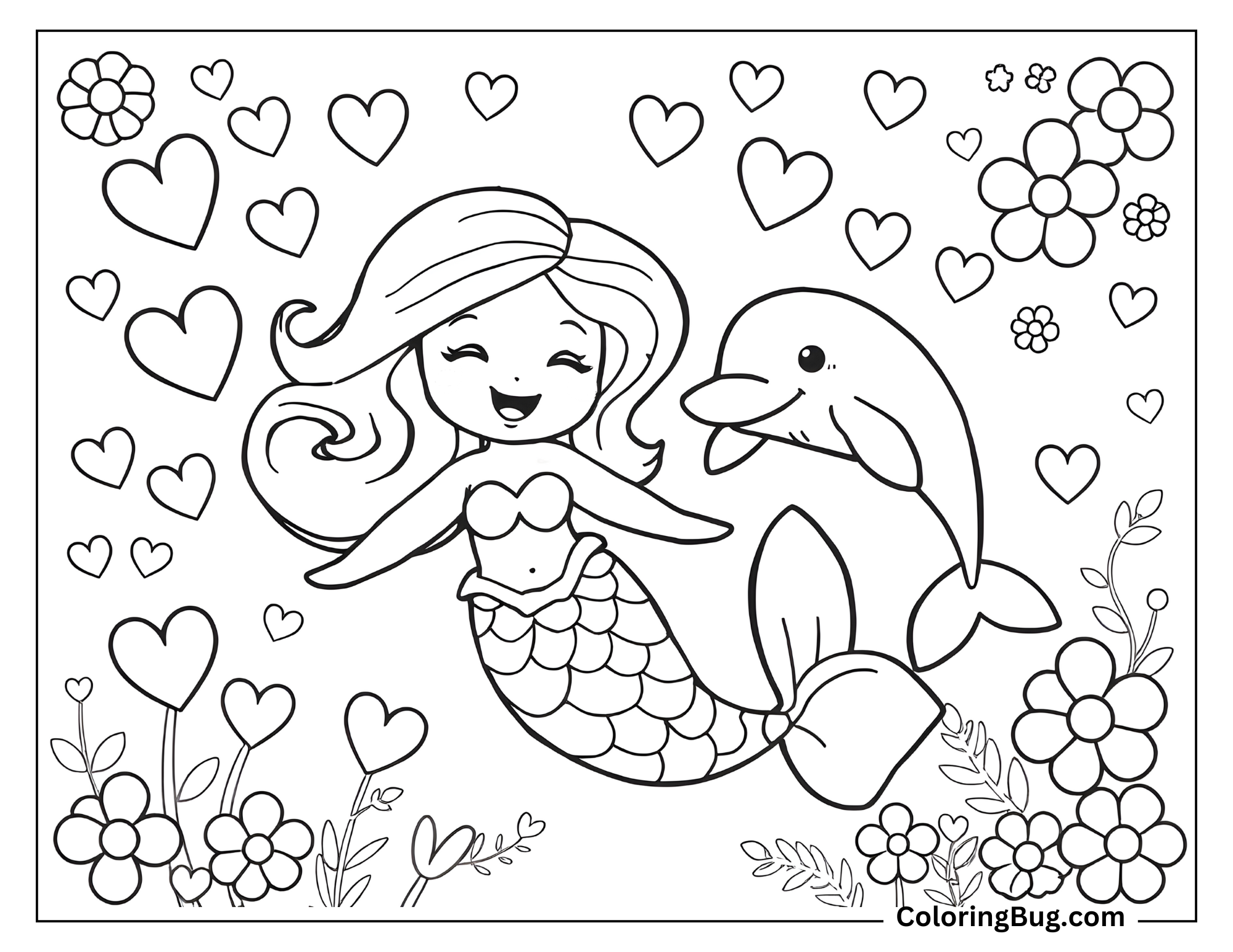 Coloring page featuring a joyful, kawaii-style mermaid and her dolphin friend, surrounded by hearts and underwater flowers.