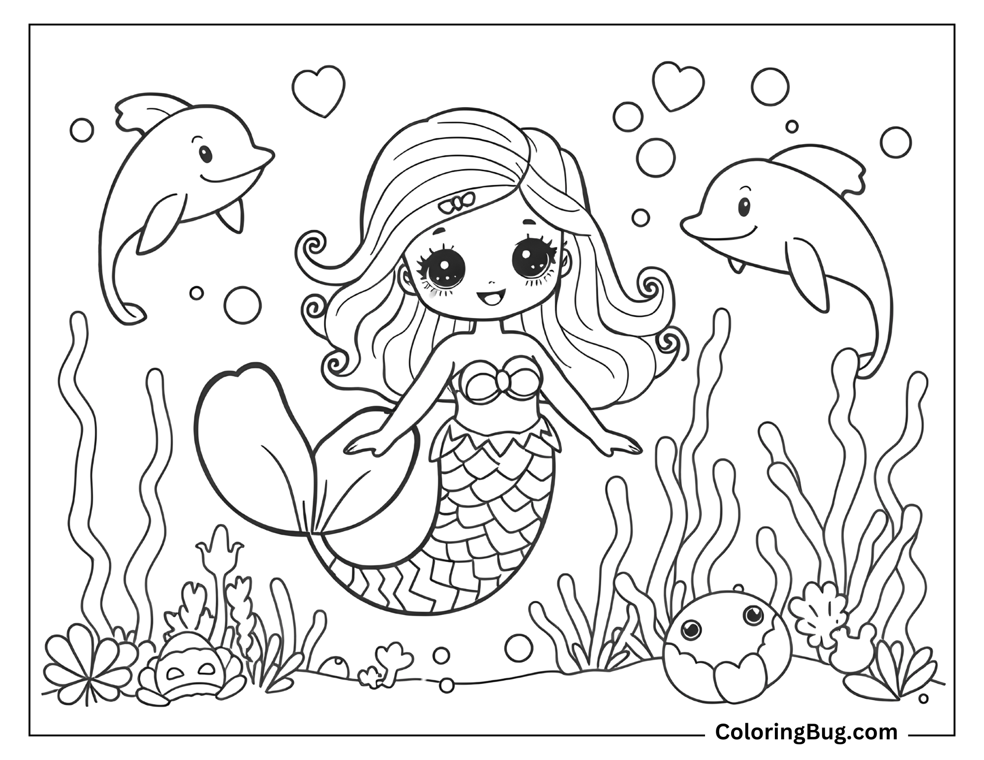 Coloring page featuring an adorable mermaid with big eyes, flowing hair, and a scalloped top, surrounded by two friendly dolphins, sea plants, and underwater bubbles.