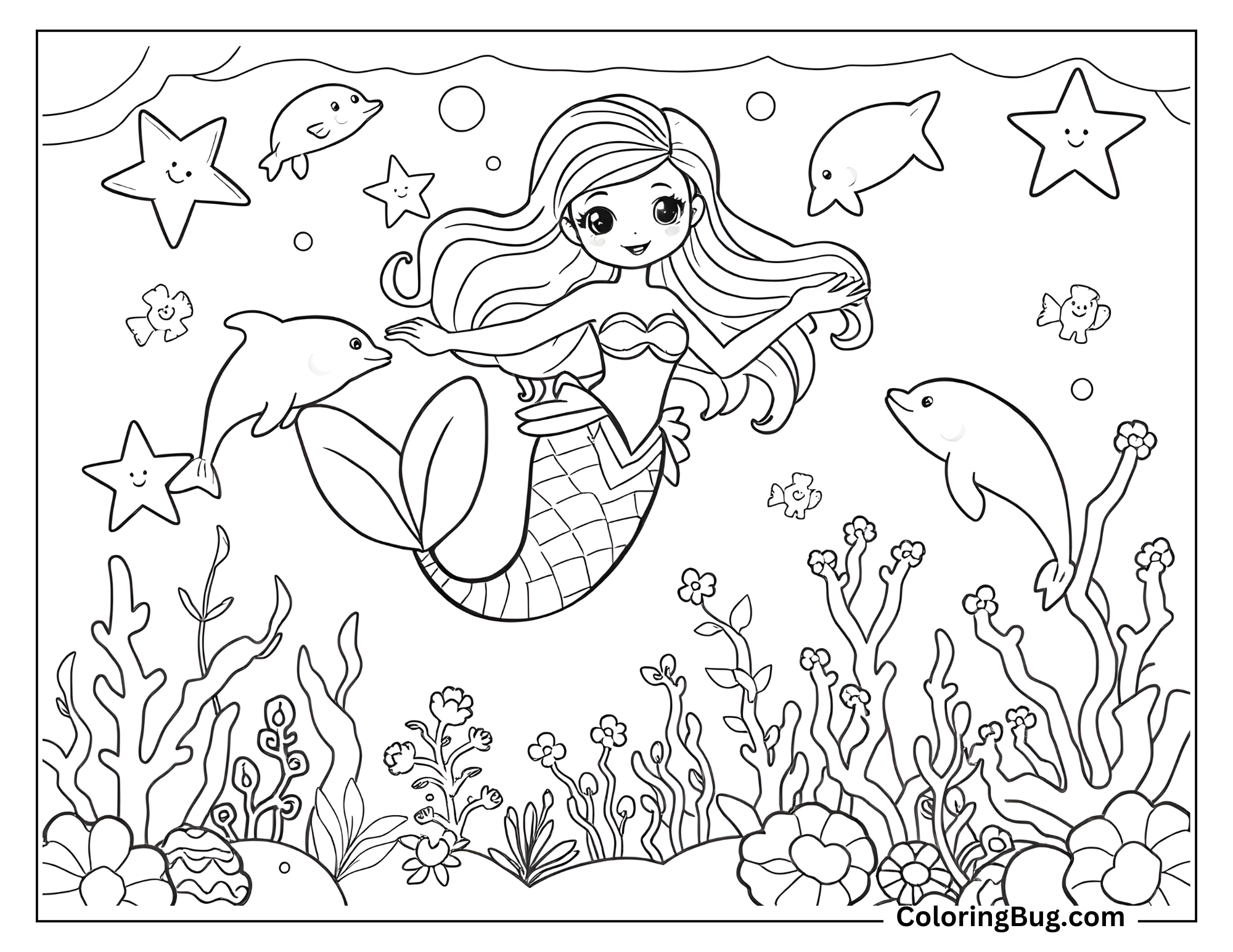 Coloring page that features a cheerful mermaid surrounded by her sea friends, including dolphins, fish, and smiling starfish. The underwater scene is filled with coral, sea plants, and playful bubbles.