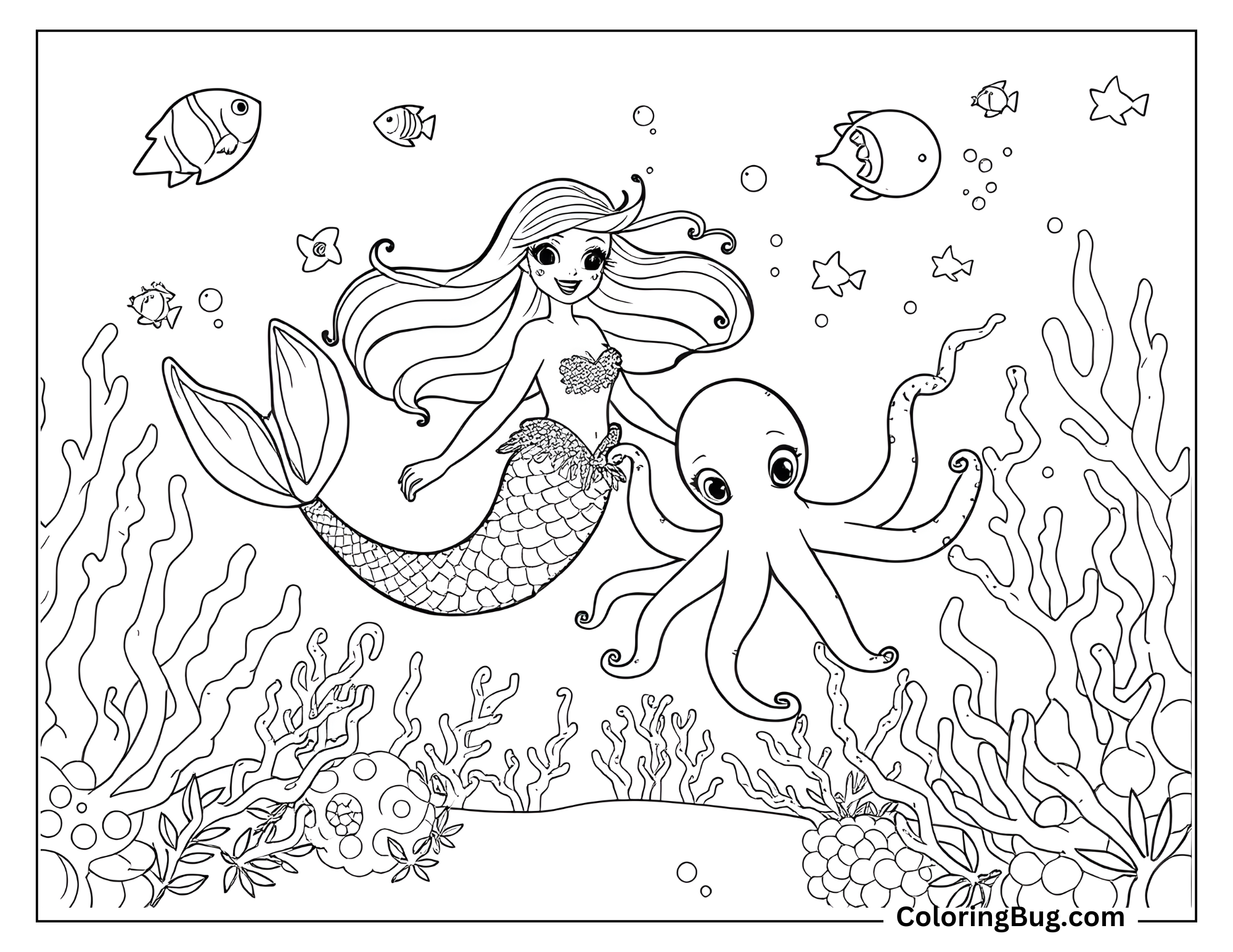 
Coloring page that features a mermaid swimming with an octopus in an underwater scene. The mermaid has long flowing hair and a scaled tail, while the octopus has large, expressive eyes. They are surrounded by sea plants, fish, and starfish, creating a detailed ocean environment.