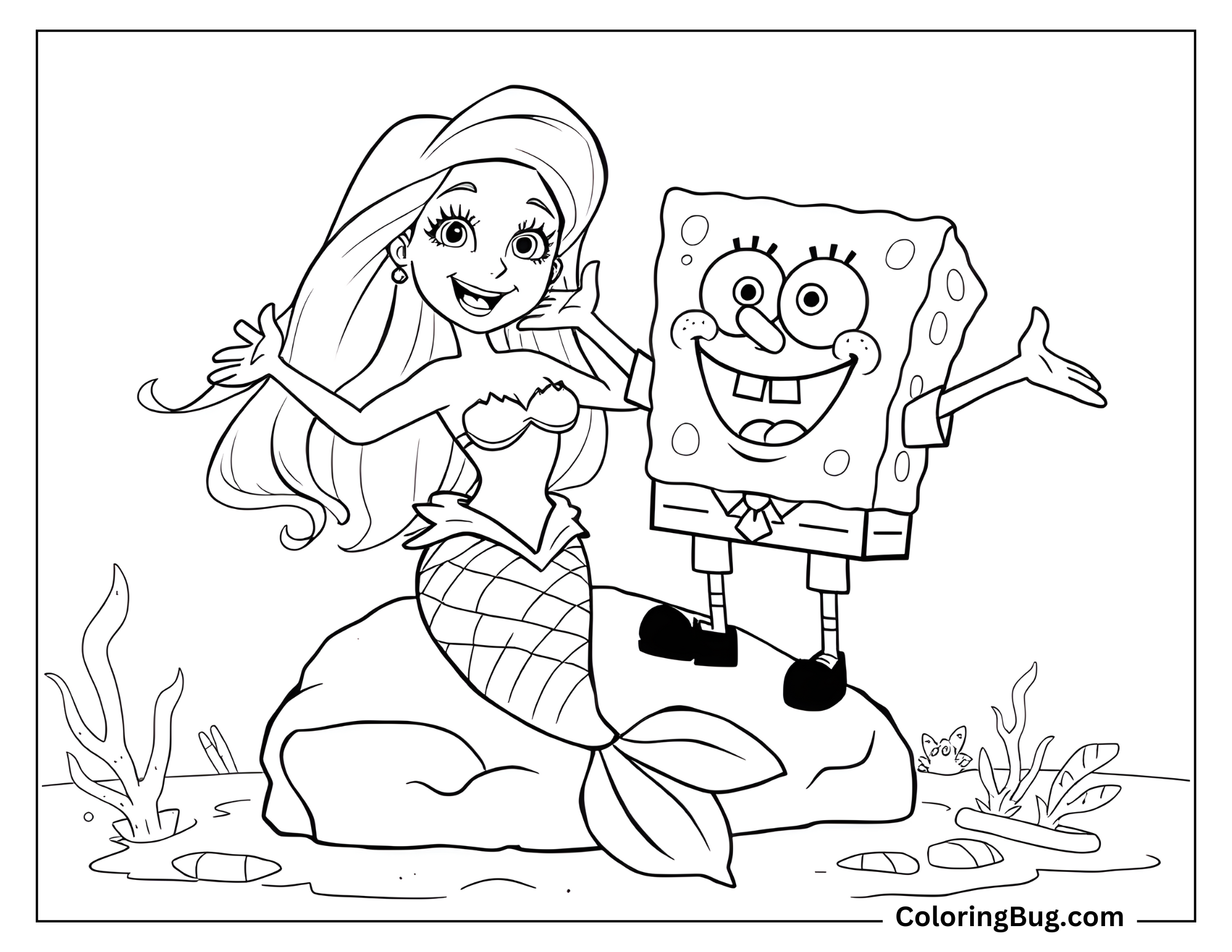 Coloring page that features a mermaid and SpongeBob SquarePants posing together on a rock, both with excited expressions. The underwater scene includes small plants and rocks around them.
