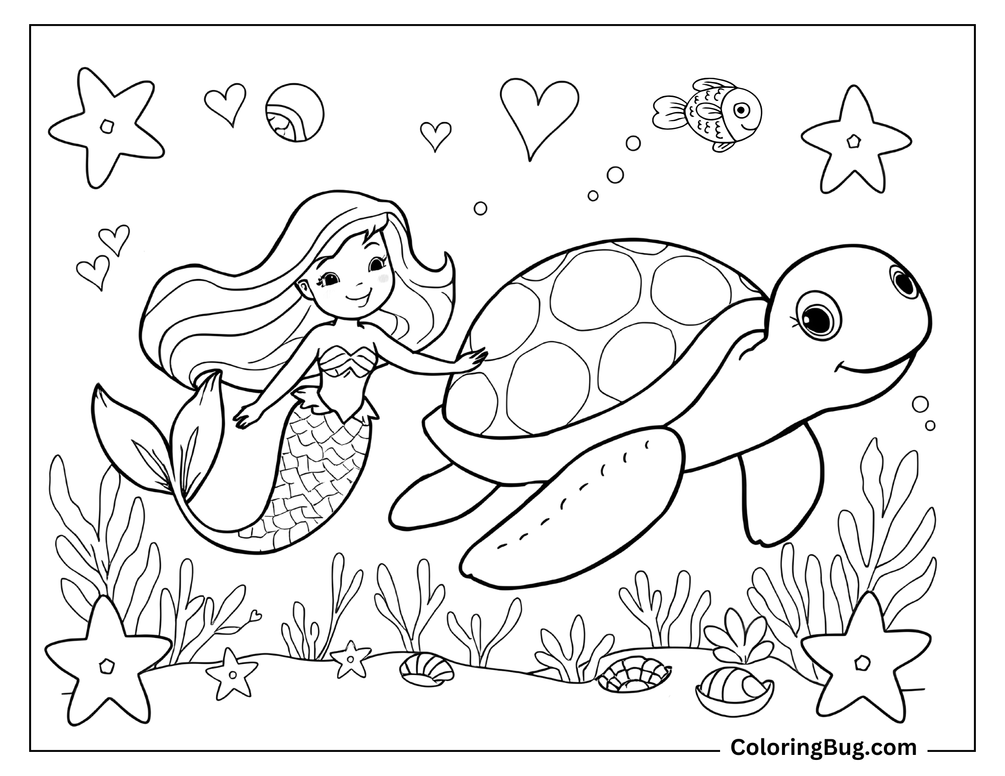 Coloring page that features a friendly mermaid swimming beside a large, smiling turtle, surrounded by playful starfish, seashells, and coral.