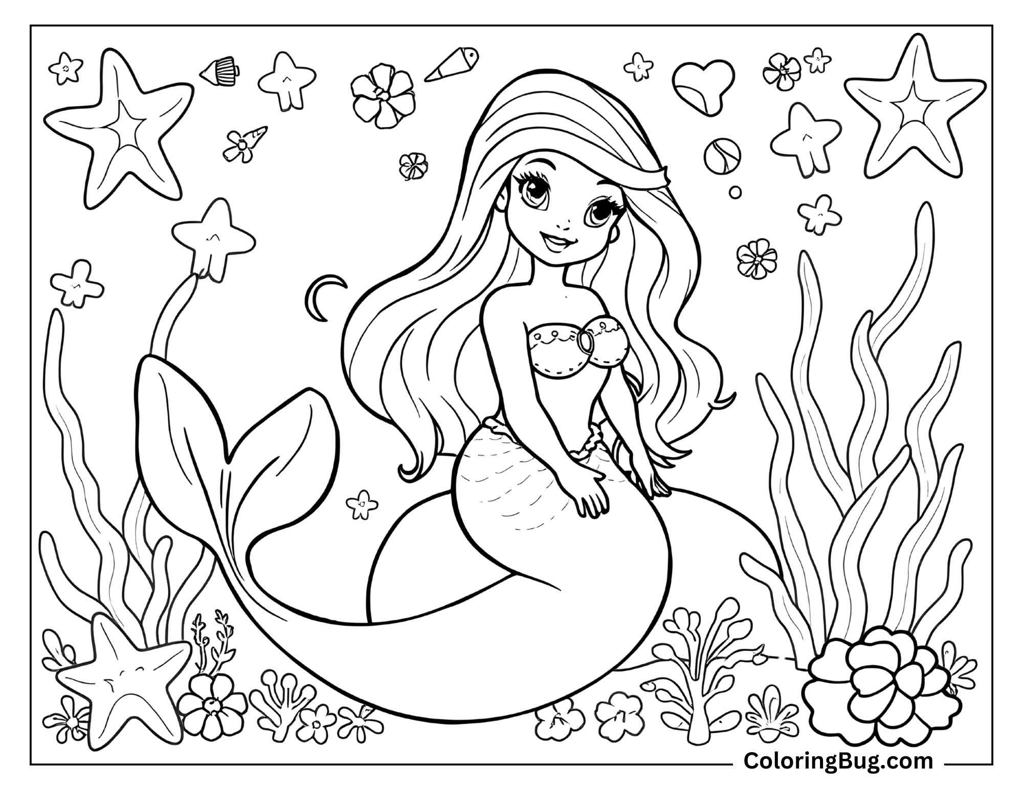 Coloring page that features a beautiful mermaid sitting gracefully on the sea floor, surrounded by starfish, seashells, and sea plants.