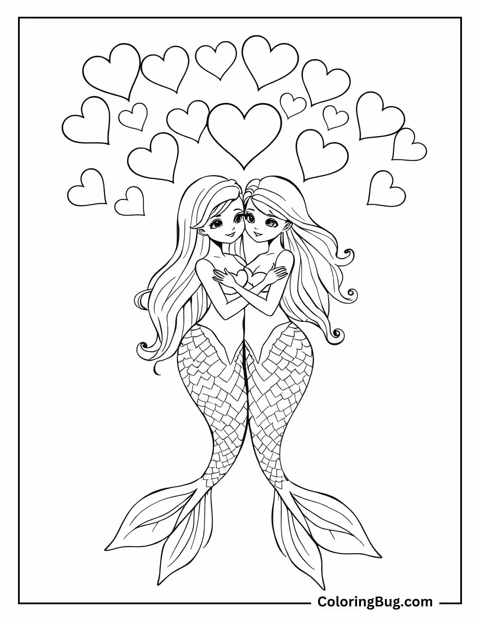 Coloring page of two mermaids embracing each other, surrounded by floating hearts above them. Both have flowing hair and fish tails with scales.