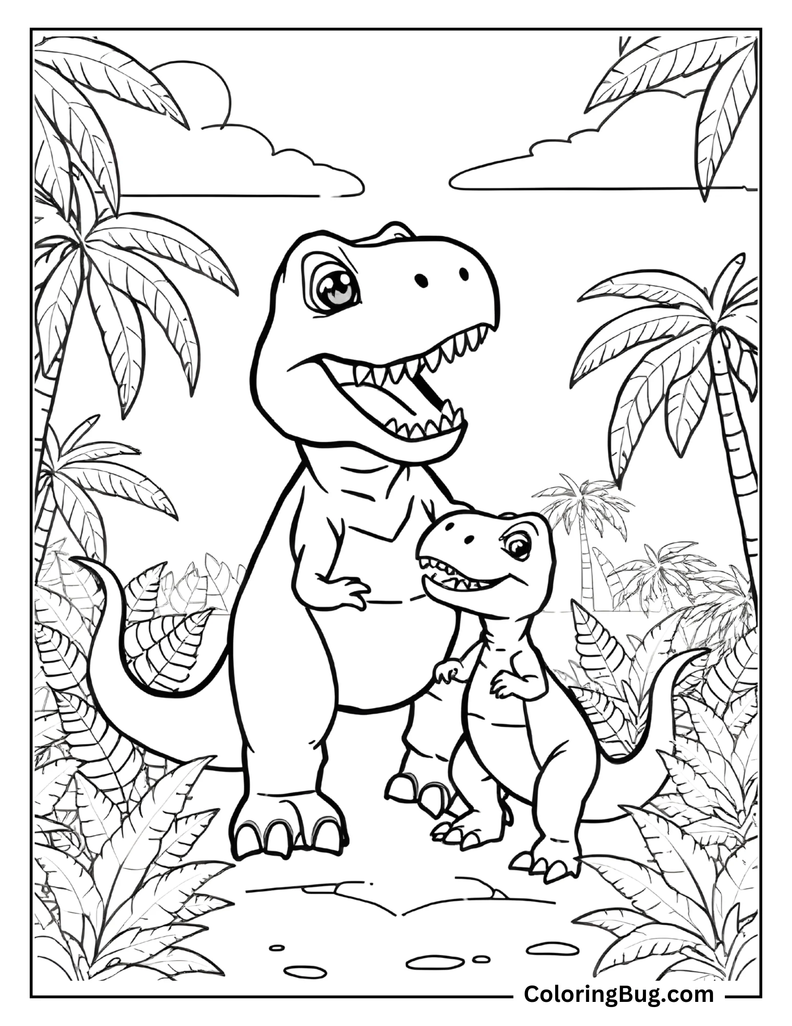 A cute scene featuring a parent T-Rex with a baby T-Rex standing together in a jungle setting. They are surrounded by tropical plants and palm trees, with clouds in the sky above. The parent T-Rex has a gentle expression, while the baby looks happy and playful.