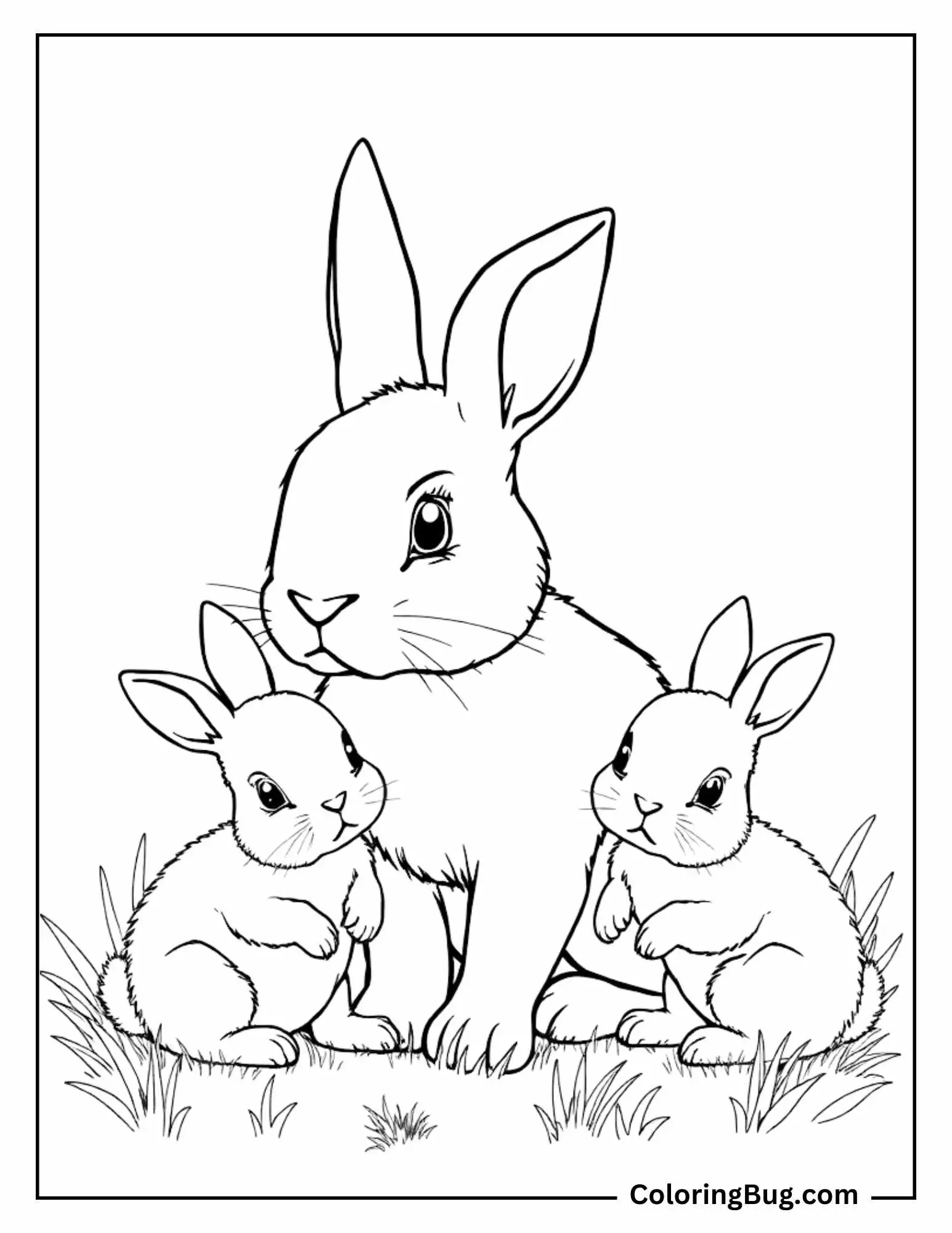 Coloring page featuring an adorable scene of a mother rabbit sitting with two baby rabbits at her side. The mother rabbit is in the center, sitting upright with large, gentle eyes, and her two babies are seated close, mimicking her posture. The scene is set with simple grass details around them, adding a natural touch to the illustration.