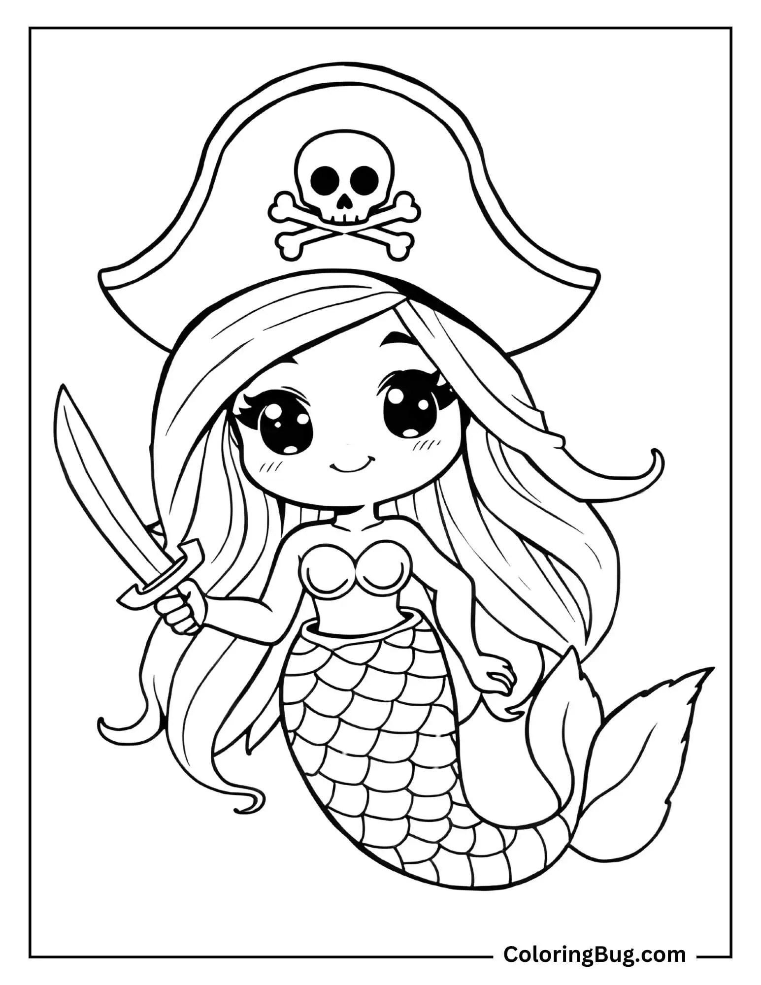 Coloring page that features a cute mermaid dressed as a pirate. She is wearing a large pirate hat with a skull and crossbones and holding a small sword, adding a playful twist to her underwater theme.