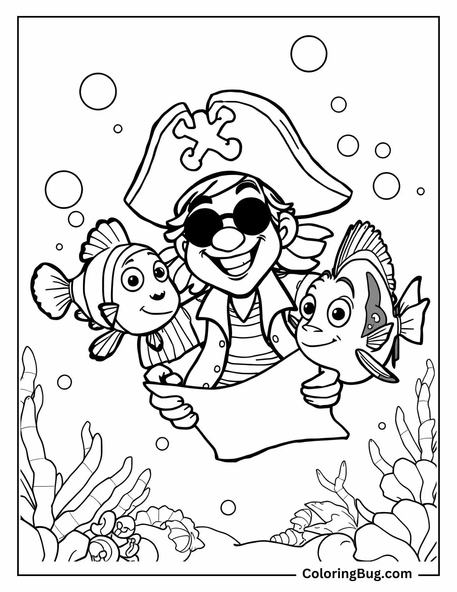 Pirate Swimming with Finding Nemo and Dory Coloring Sheet