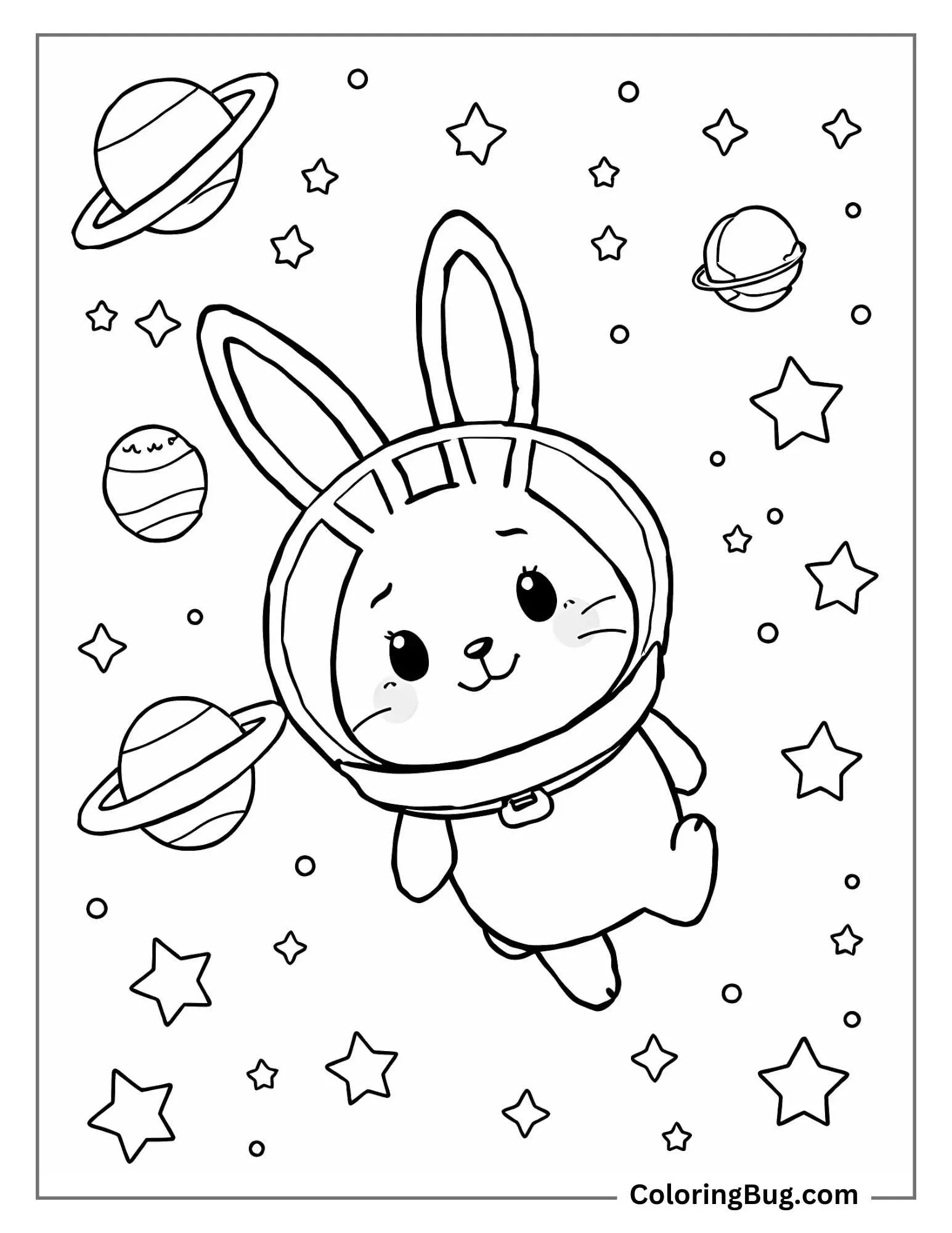 Rabbit In Space With Stars Coloring Sheet