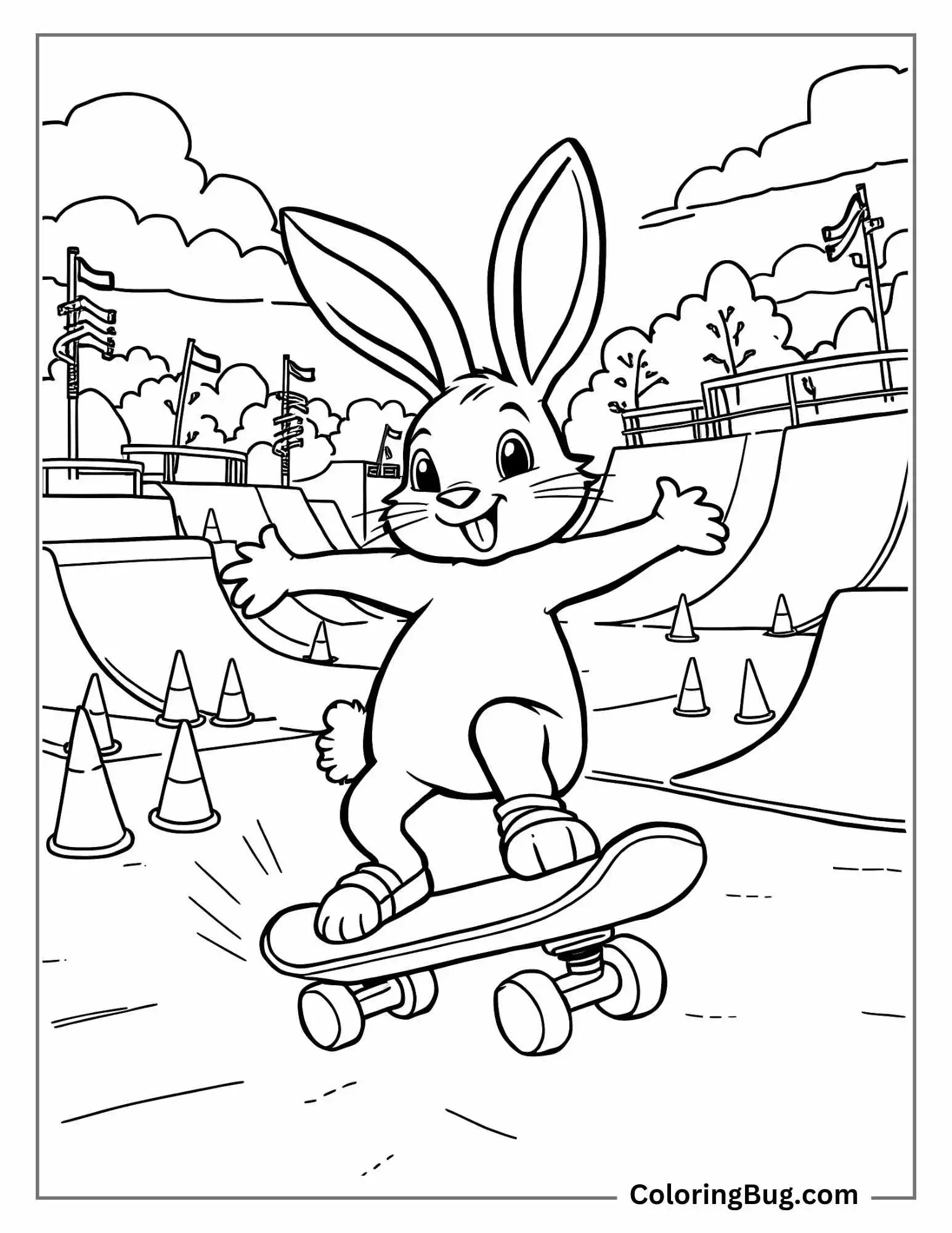 Rabbit Skateboarding In Skatepark Coloring Sheet