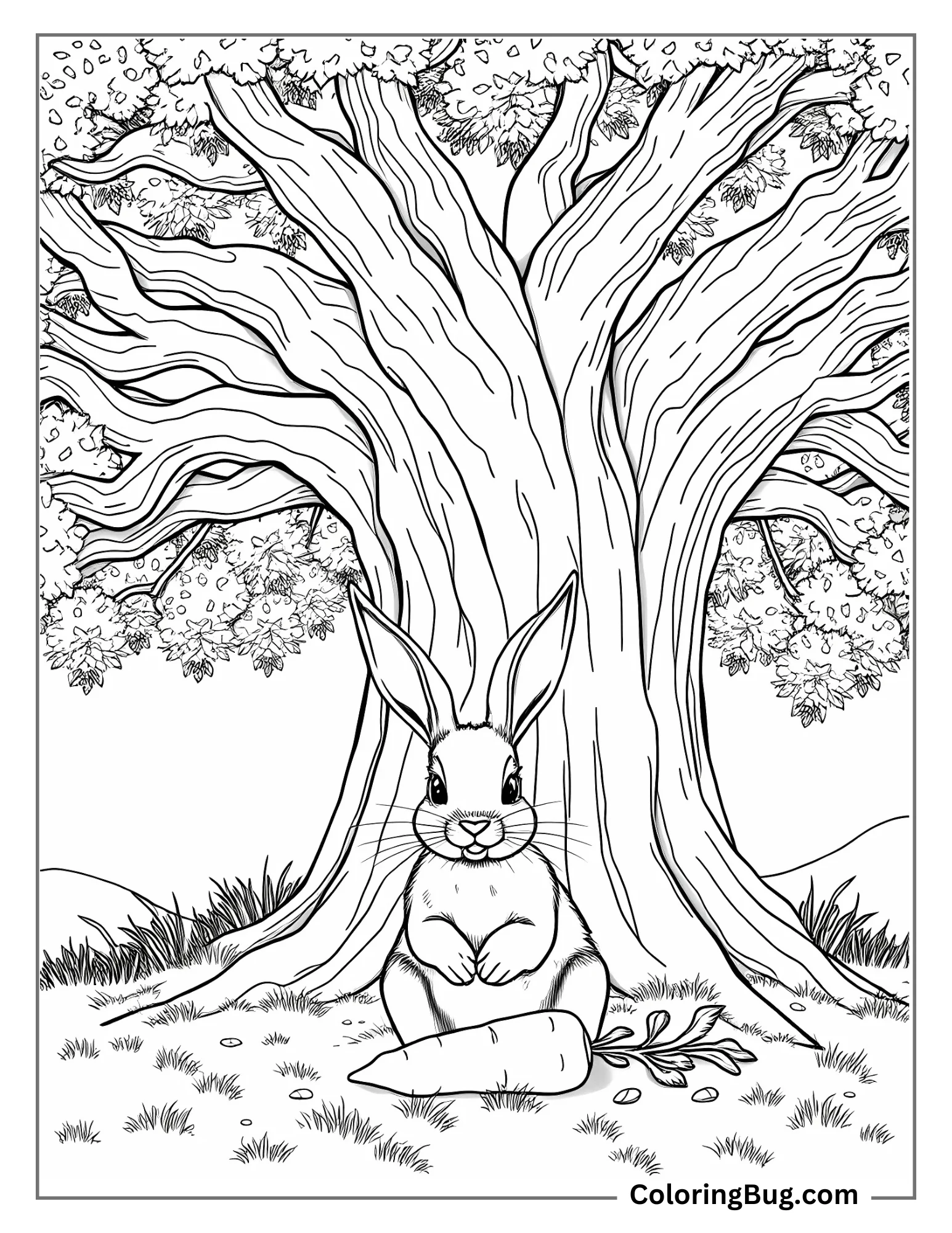 Rabbit Under Big Tree Coloring Sheet