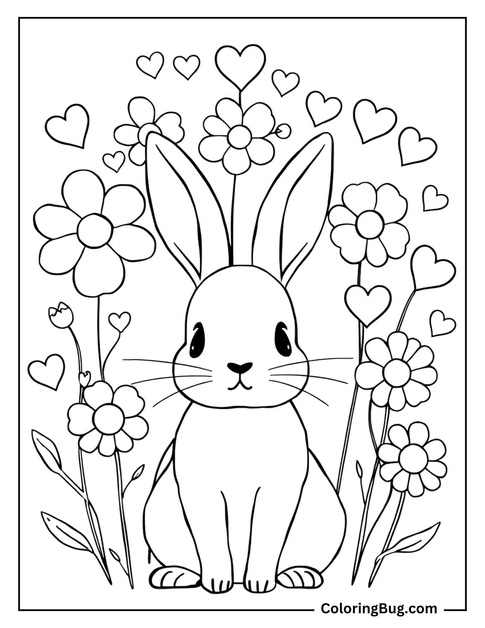 Coloring page with a cute rabbit sitting surrounded by flowers and hearts, giving it a sweet, whimsical vibe. The rabbit has a simple, endearing expression with large eyes and whiskers, while flowers and heart shapes fill the background, adding charm and warmth to the scene.