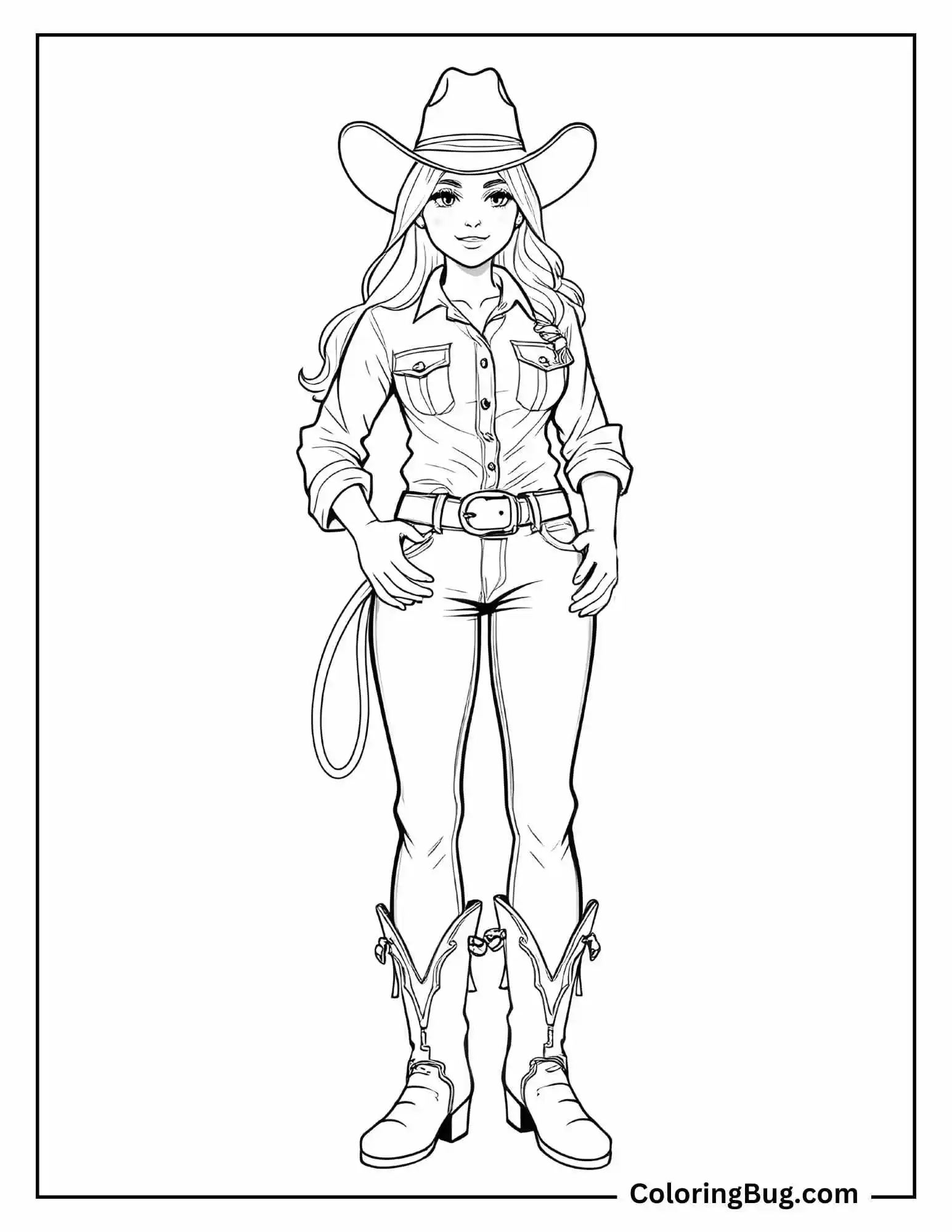 Coloring page depicting a realistic cowgirl standing confidently. She is wearing a wide-brimmed cowboy hat, a button-up shirt with rolled-up sleeves, a belt with a large buckle, fitted jeans, and tall, detailed cowboy boots. She has a rope draped over one side, completing the Western theme.