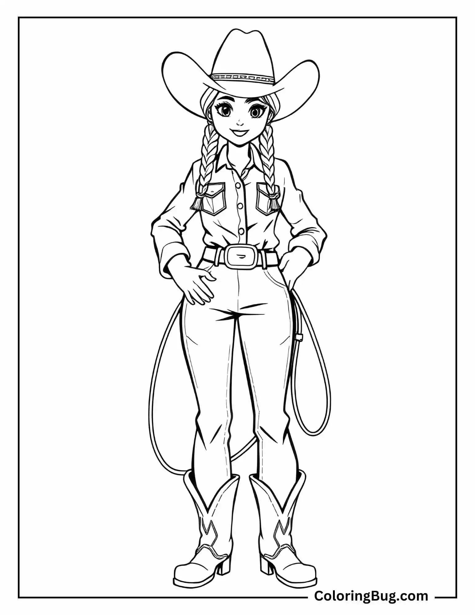 Coloring page featuring a realistic cowgirl standing confidently, holding a lasso. She wears a wide-brimmed cowboy hat, a collared shirt with front pockets, a belt with a large buckle, fitted jeans, and tall cowboy boots. Her hair is styled in two long braids, and the lasso hangs from one hand, emphasizing her readiness for a Western adventure.