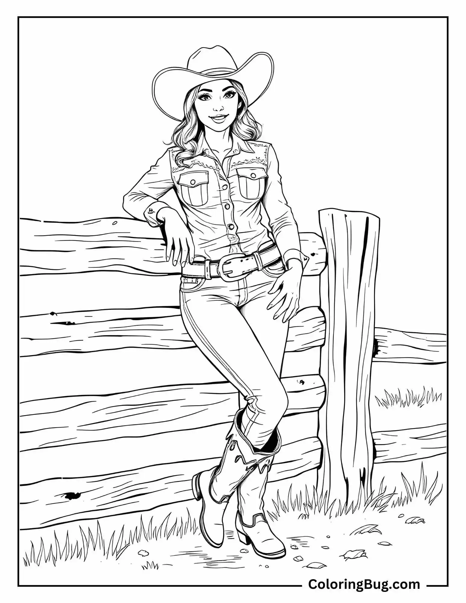 Coloring page featuring a realistic cowgirl leaning casually against a rustic wooden fence. She wears a fitted Western shirt with decorative details, a belt with a large buckle, and jeans tucked into intricately designed cowboy boots. Her wide-brimmed hat sits comfortably atop wavy hair, completing her relaxed yet confident look. The background includes grassy terrain, adding to the Western ambiance.