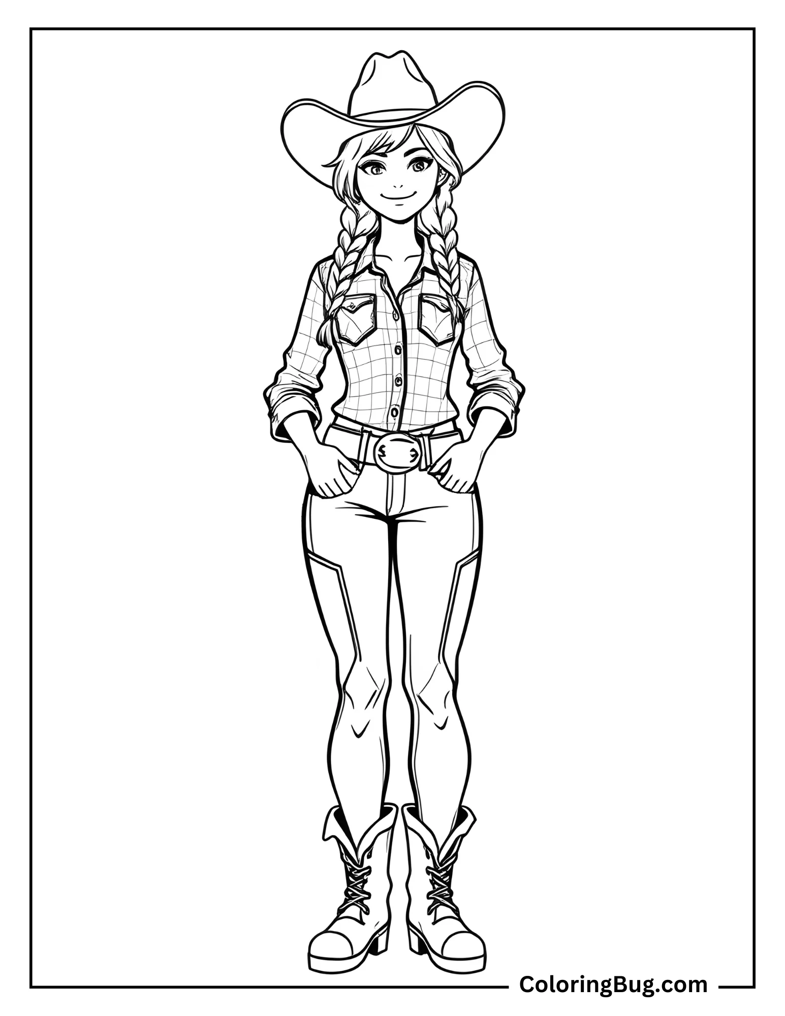Coloring page featuring a realistic cowgirl wearing a checkered shirt with rolled-up sleeves, paired with fitted jeans and tall boots with laces. She stands confidently with her hands resting on her belt, which has a prominent buckle. Her hair is styled in two neat braids, and she wears a classic cowboy hat, exuding a Western flair.