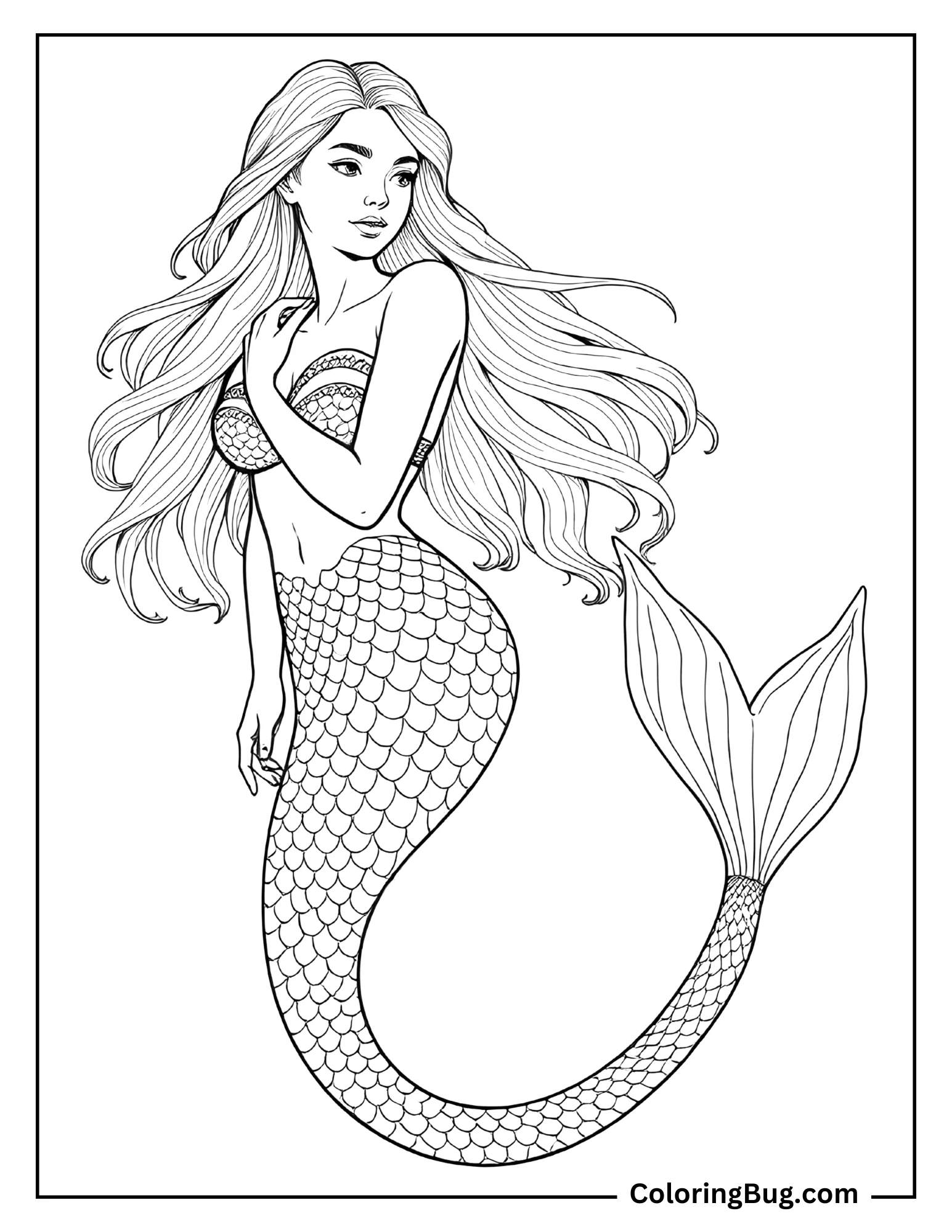 
A realistic mermaid coloring page featuring a graceful mermaid with long flowing hair, a scaled tail, and a seashell top. She is posed elegantly, with her gaze turned to the side.