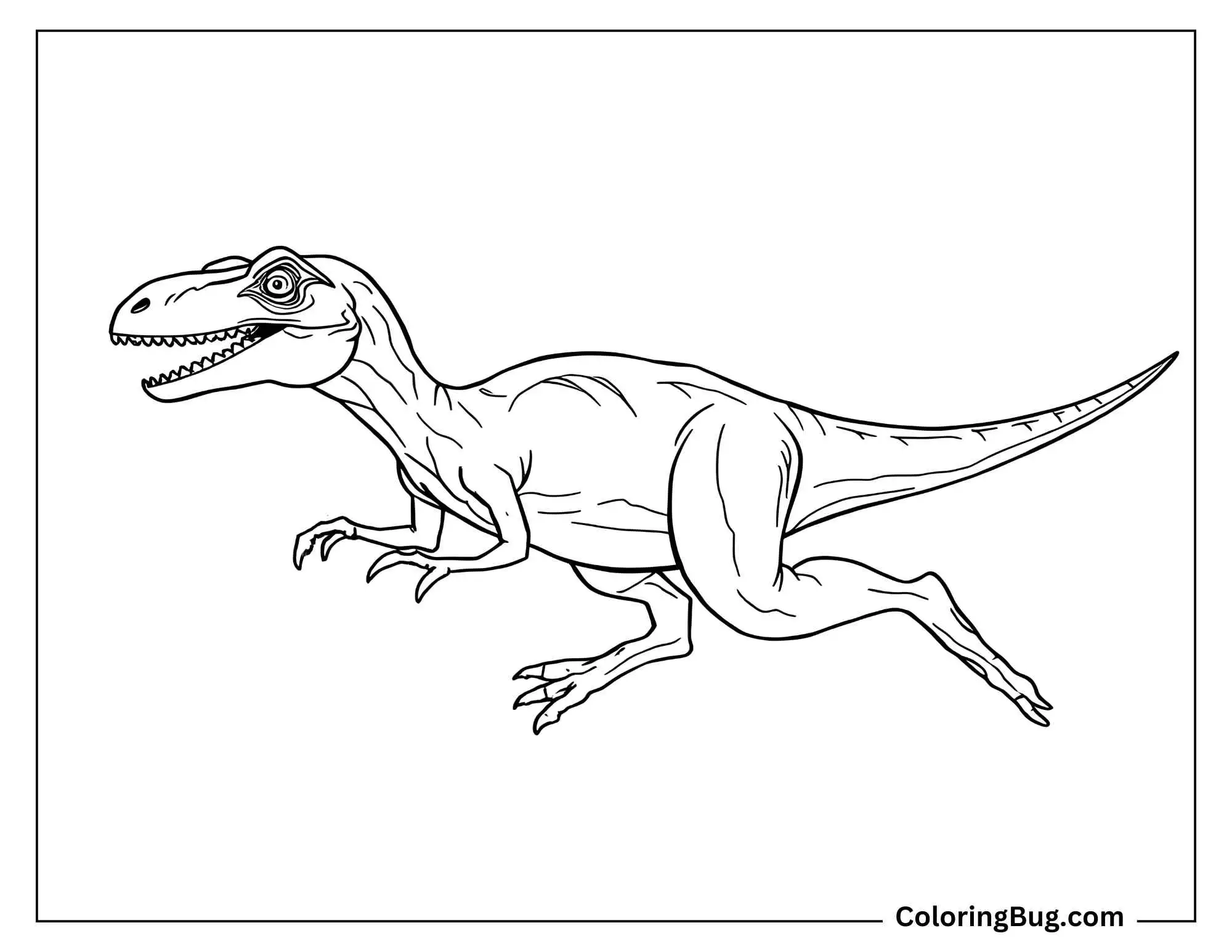 Coloring page of a realistic Velociraptor in a running pose. The Velociraptor has an alert expression with its mouth slightly open, showing sharp teeth. Its body is streamlined with powerful legs, and its tail is extended straight back for balance.