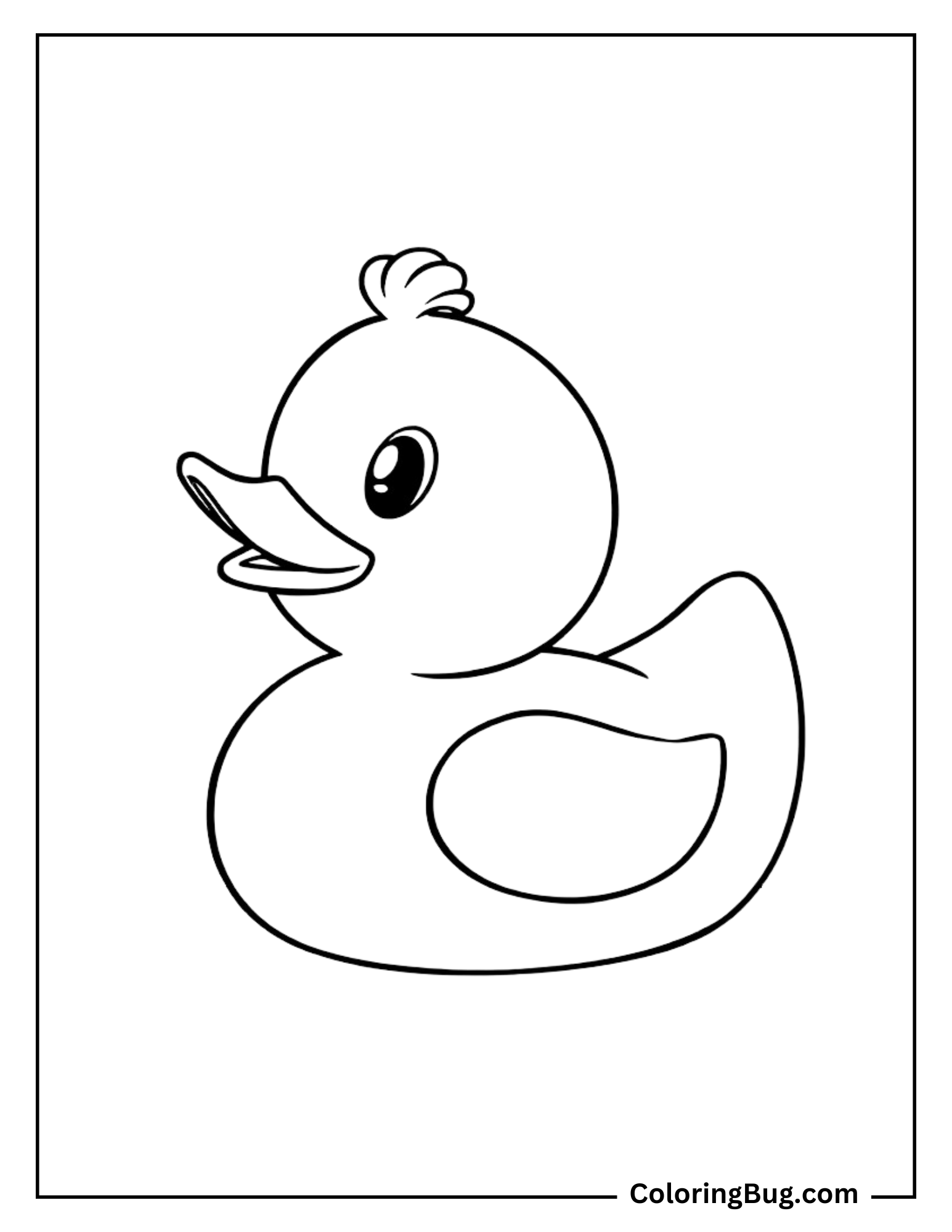 Coloring page of a classic rubber duck with a cheerful expression and a tuft of feathers on top, floating in simple lines.