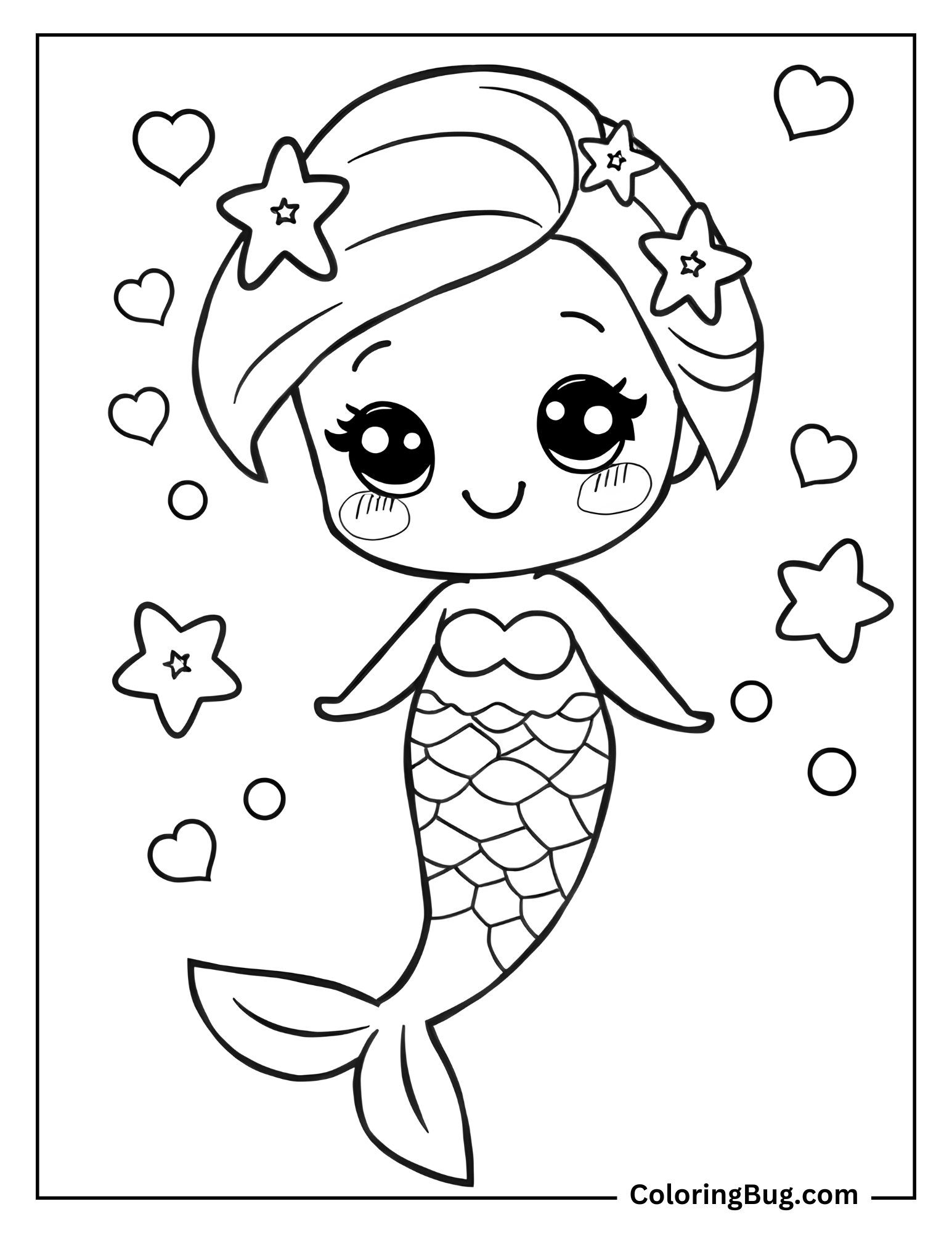 Coloring page of a short hair mermaid with some stars and love hearts around her.