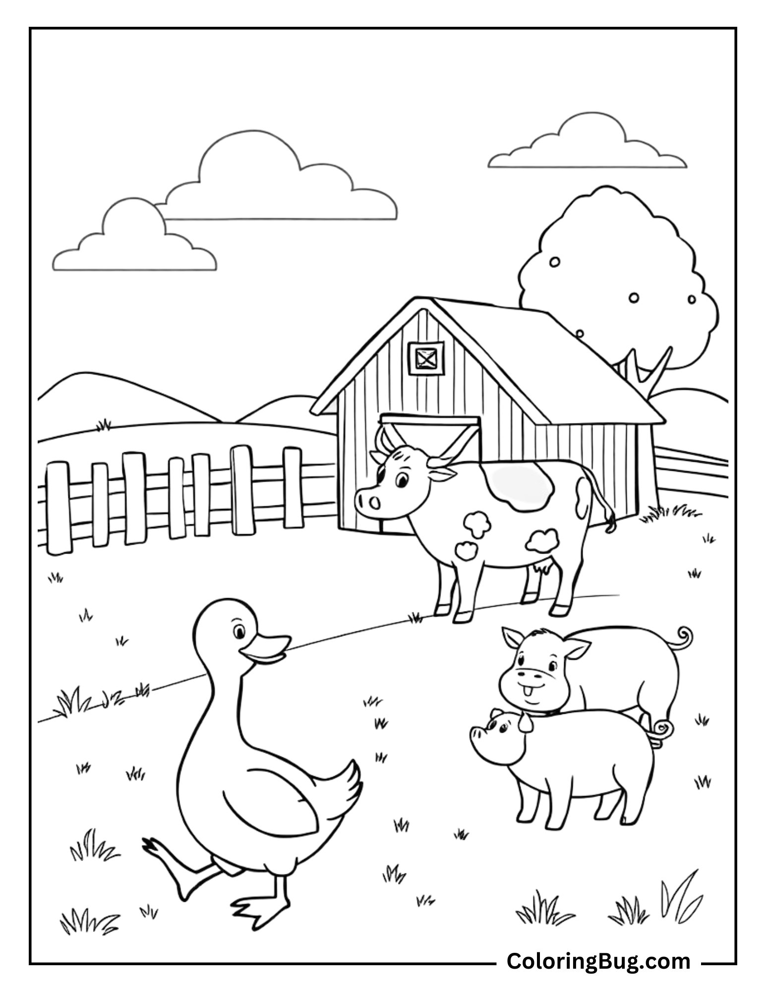 Coloring page of a lively farm scene featuring a cheerful duck walking in the foreground, with a friendly cow and two curious pigs nearby. Behind them, a barn, a fence, and distant hills create a peaceful rural backdrop.