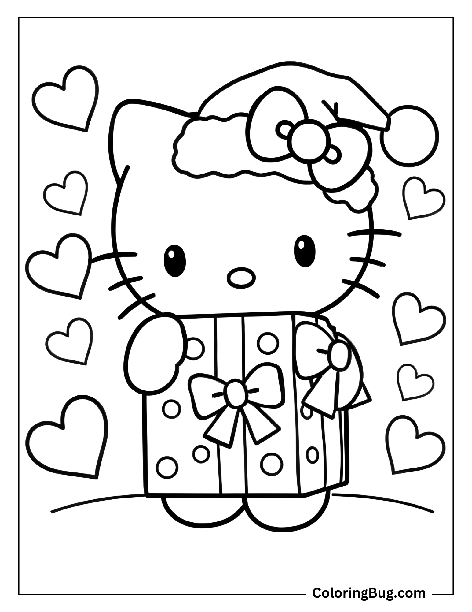 Simple Christmas Hello Kitty with Hearts Coloring Page