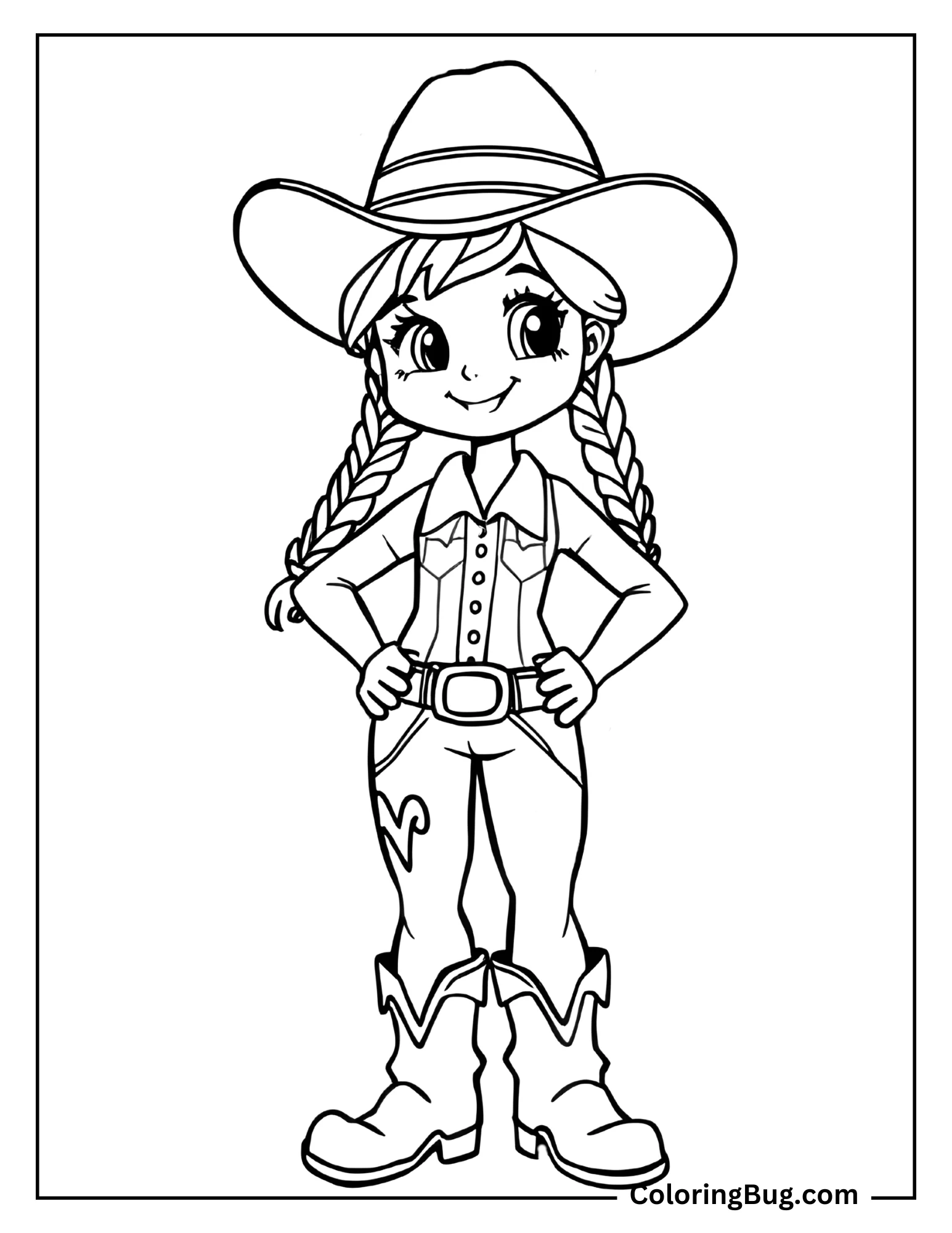 Coloring page of a young cowgirl with a big hat, braided hair, and a cheerful expression. She&rsquo;s dressed in classic Western attire, including a shirt, belt, and boots, standing confidently with her hands on her hips.