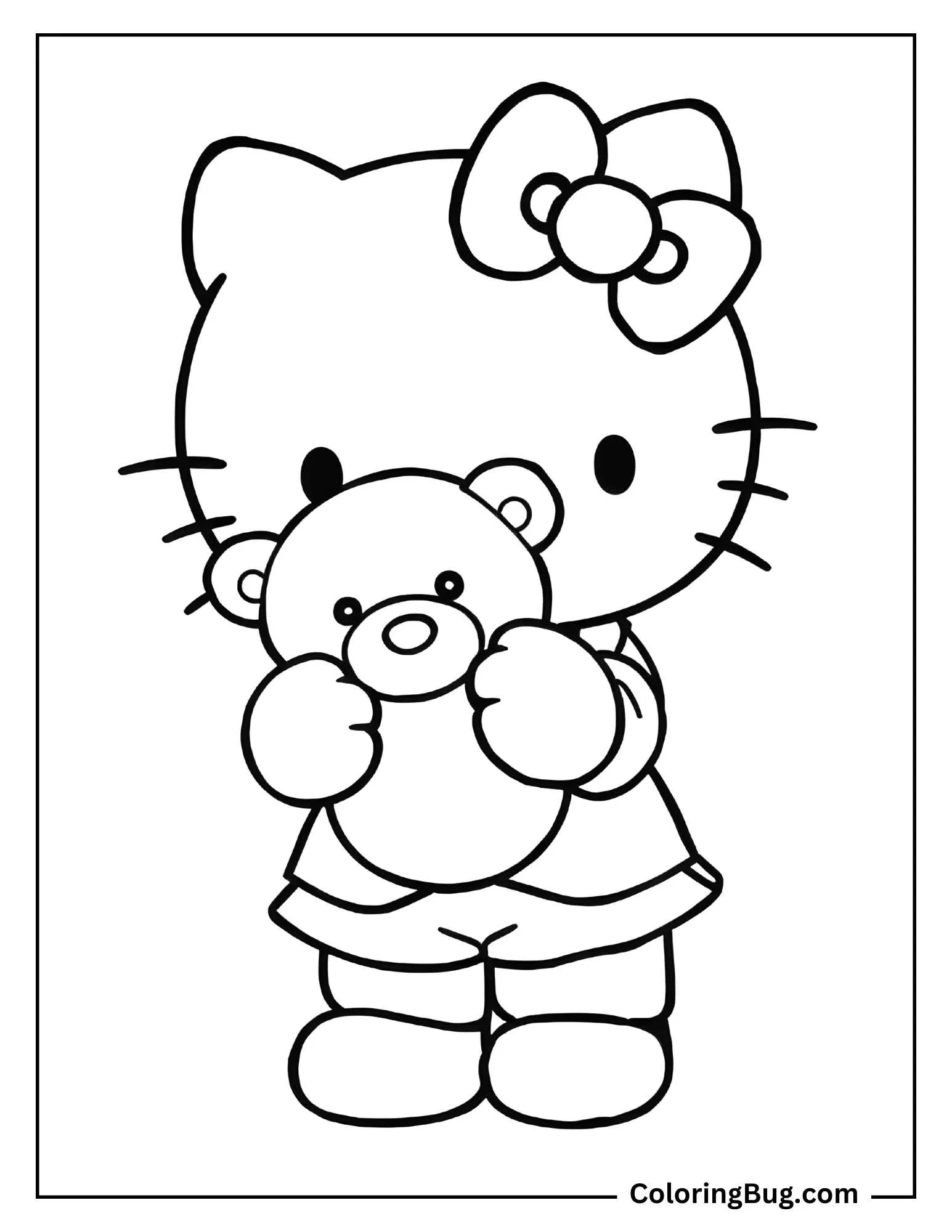 Simple Hello Kitty with Teddy Bear Coloring Page