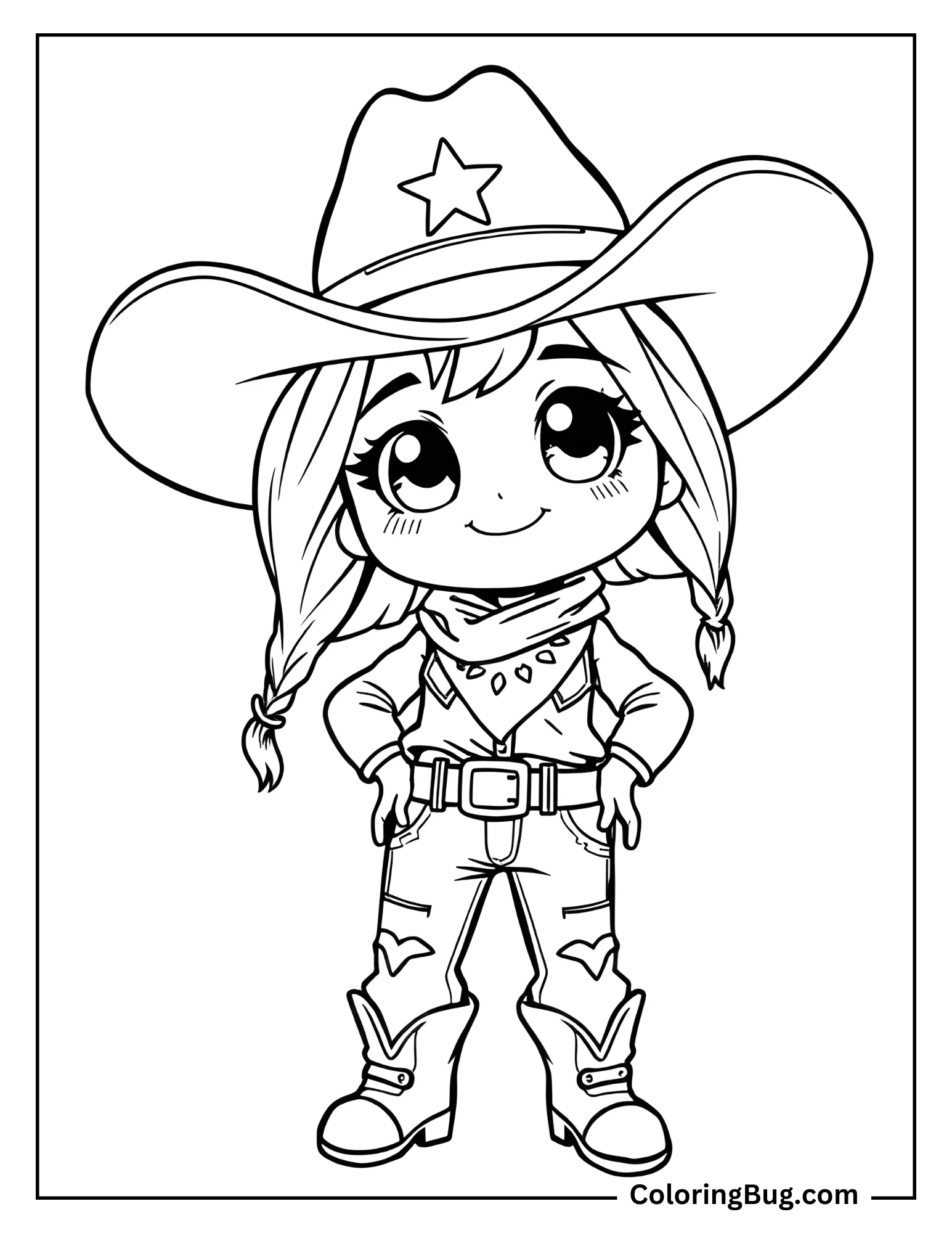 A charming kawaii-style coloring page featuring a cute cowgirl with large sparkling eyes and a friendly smile. She wears a wide-brimmed cowboy hat with a star emblem, a bandana around her neck, and classic cowboy boots with intricate designs. Her braided hair adds to her playful and adorable look, and her hands rest confidently on her hips.