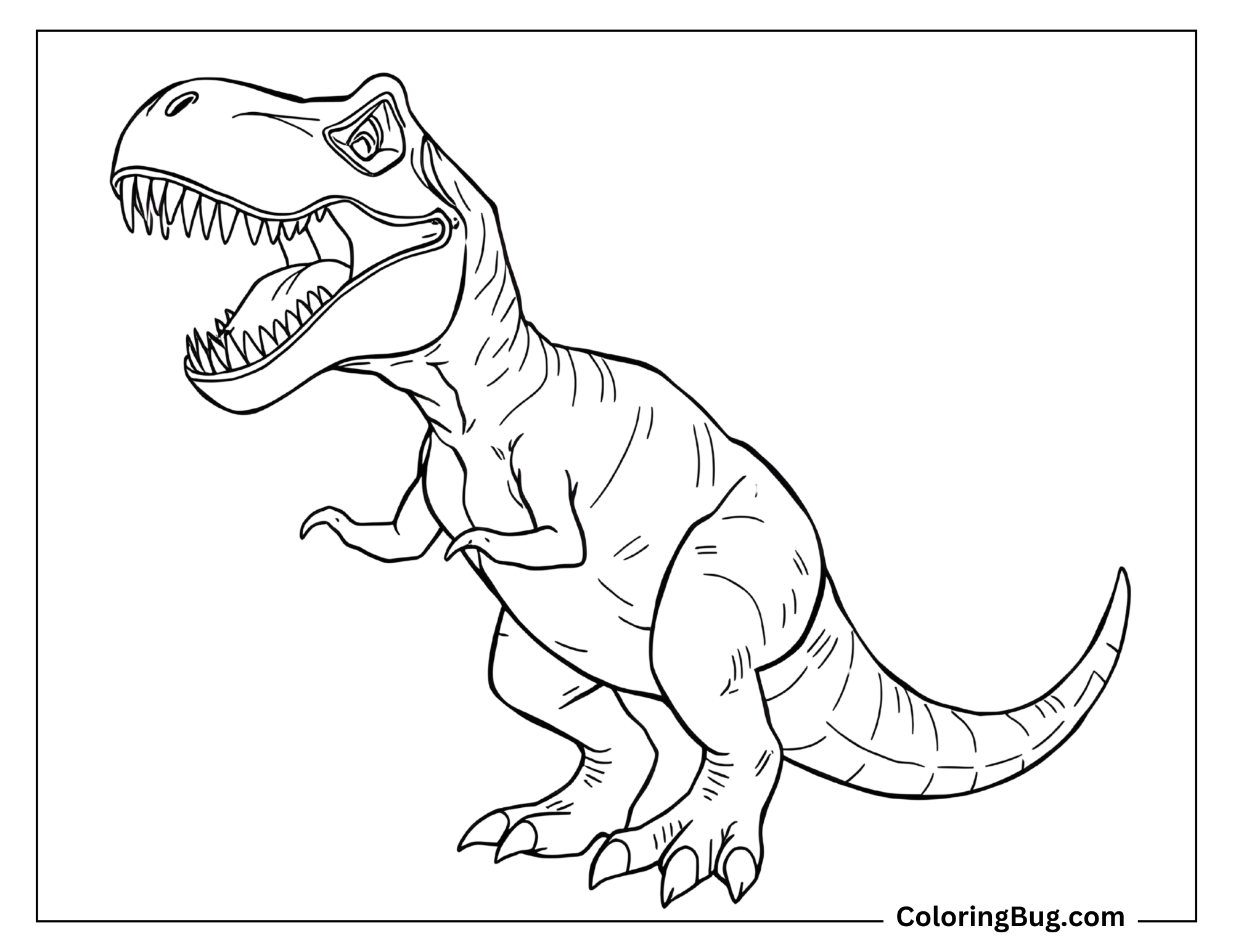 Coloring page of a T-Rex standing and roaring with its mouth wide open, showing sharp teeth. The design is simple, featuring the T-Rex's powerful stance and iconic small arms, making it ideal for kids to color.