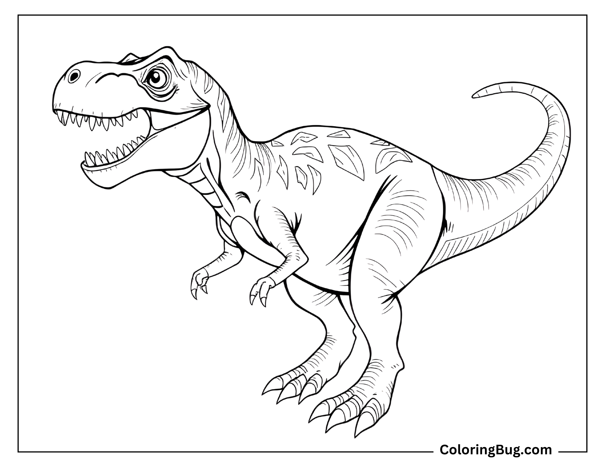 Simple coloring sheet of a T-Rex is shown in a standing position with a simple design and no background elements. The T-Rex has a fierce expression with its mouth open, showing sharp teeth, and its body is detailed with thin lines, including textured skin and markings along its back.