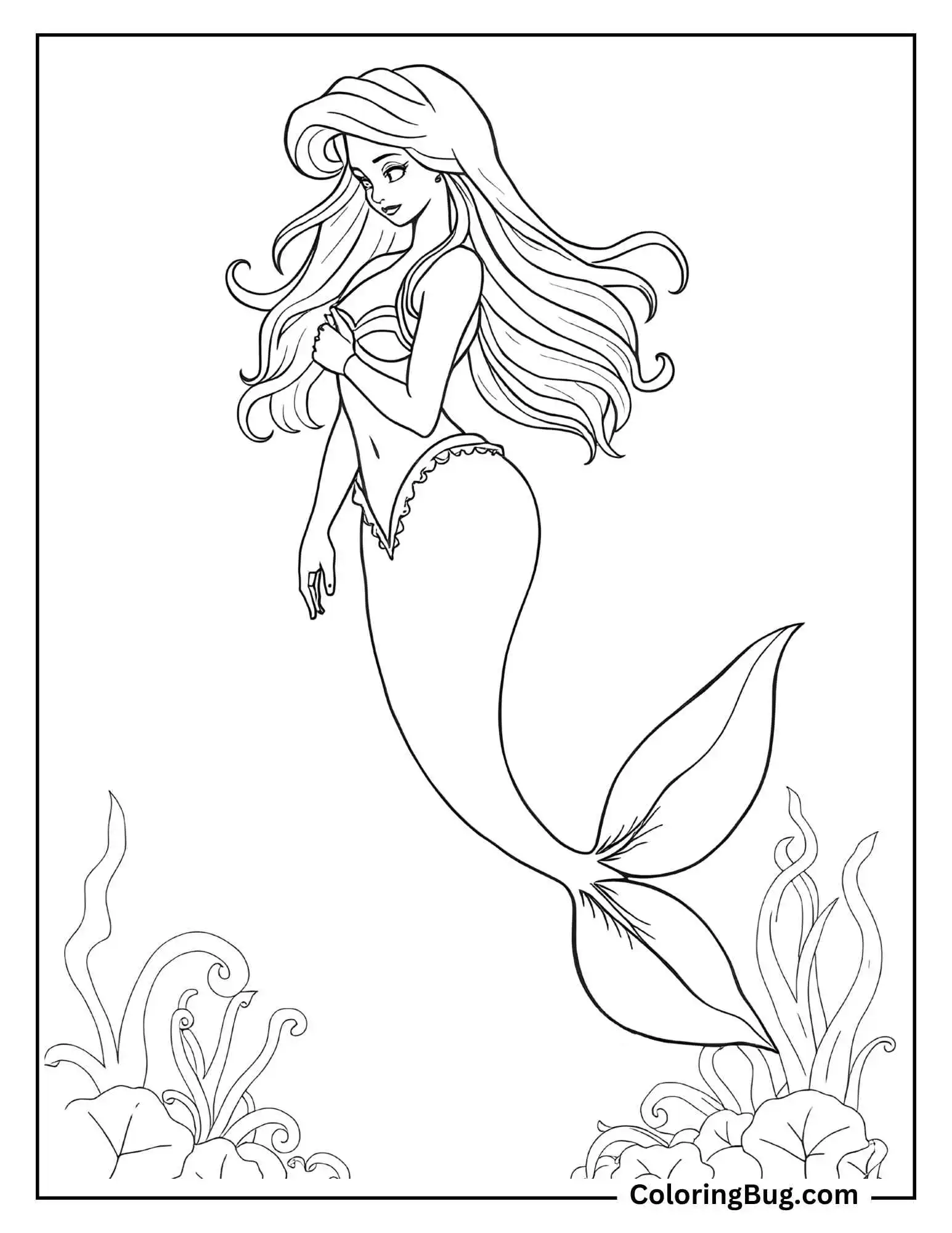 Coloring page that features a simple but beautiful mermaid with flowing hair, gracefully floating among underwater plants.