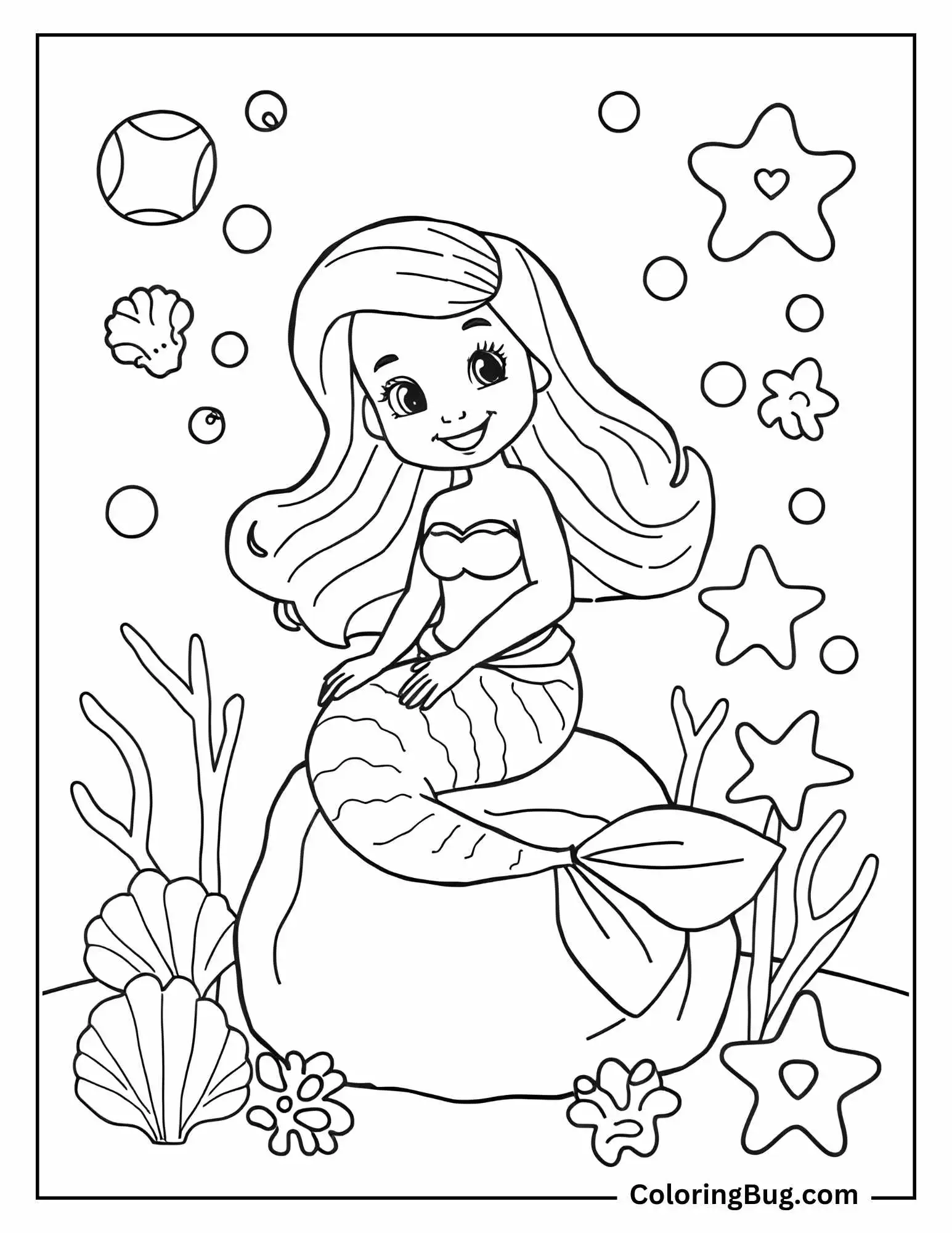 Coloring page that features a cute, smiling mermaid sitting on a rock, surrounded by starfish, seashells, coral, and bubbles.