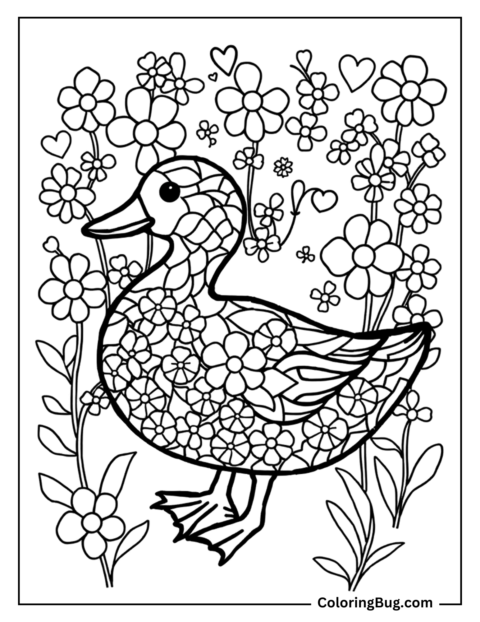 Coloring sheet of a duck with a stained-glass effect, decorated with floral motifs inside its outline and surrounded by blooming flowers and hearts.