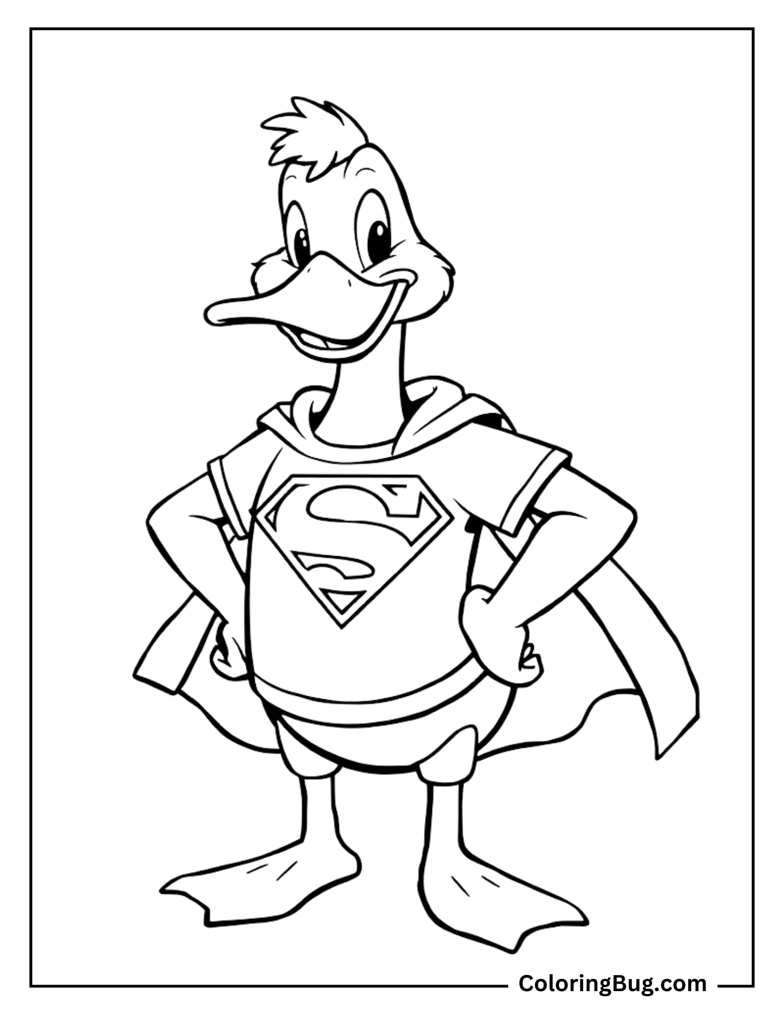 Coloring page of a confident duck dressed as a superhero, complete with a cape and a bold emblem on its chest. The duck stands with hands on its hips, conveying a heroic pose.