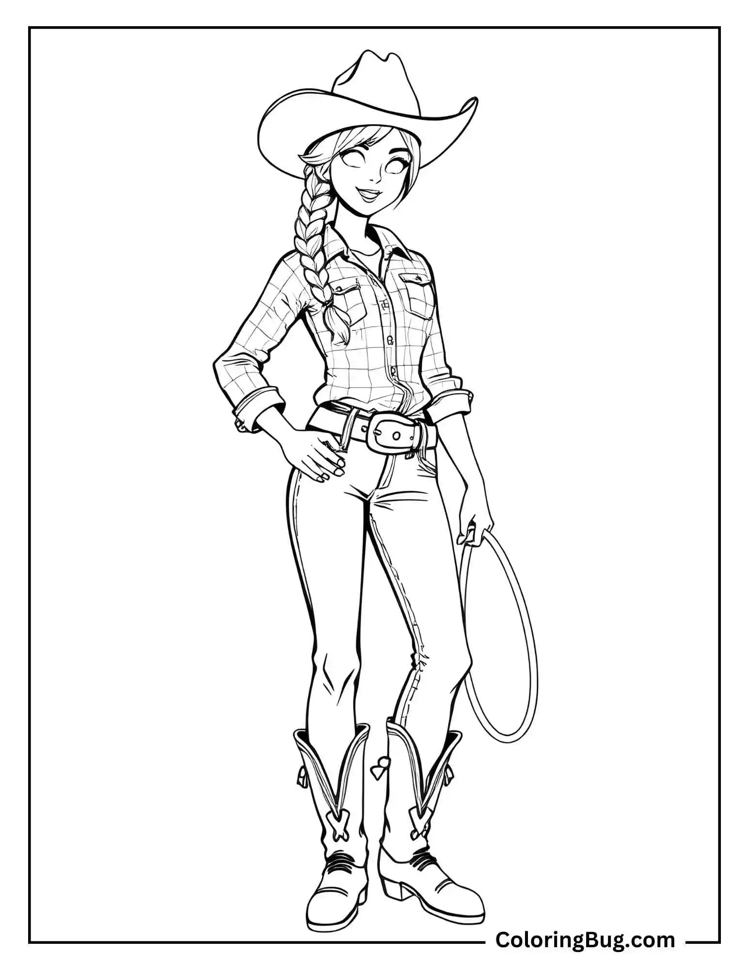 Coloring page featuring a cheerful cowgirl dressed in a checkered shirt with rolled-up sleeves, fitted jeans, and Western-style boots with detailed stitching. She holds a lasso in one hand while resting the other on her hip. Her long hair is braided, and she wears a wide-brimmed cowboy hat tilted at a jaunty angle, completing her playful and confident look.