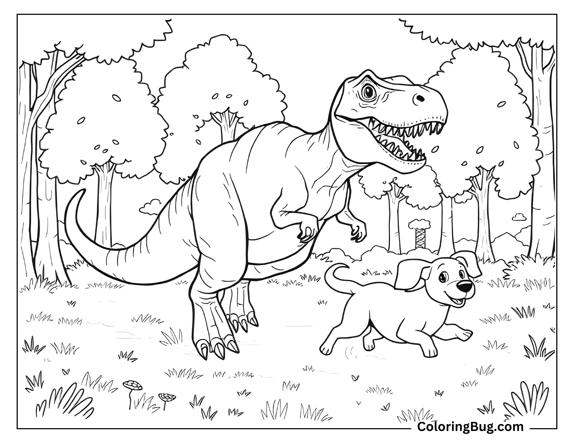 Coloring page of a T-Rex playfully chasing a happy dog through a forested area. The dog looks excited as it runs ahead, while the T-Rex follows with an open mouth, appearing more playful than menacing. The background features trees, bushes, and a few flowers, adding a lighthearted touch to the scene.